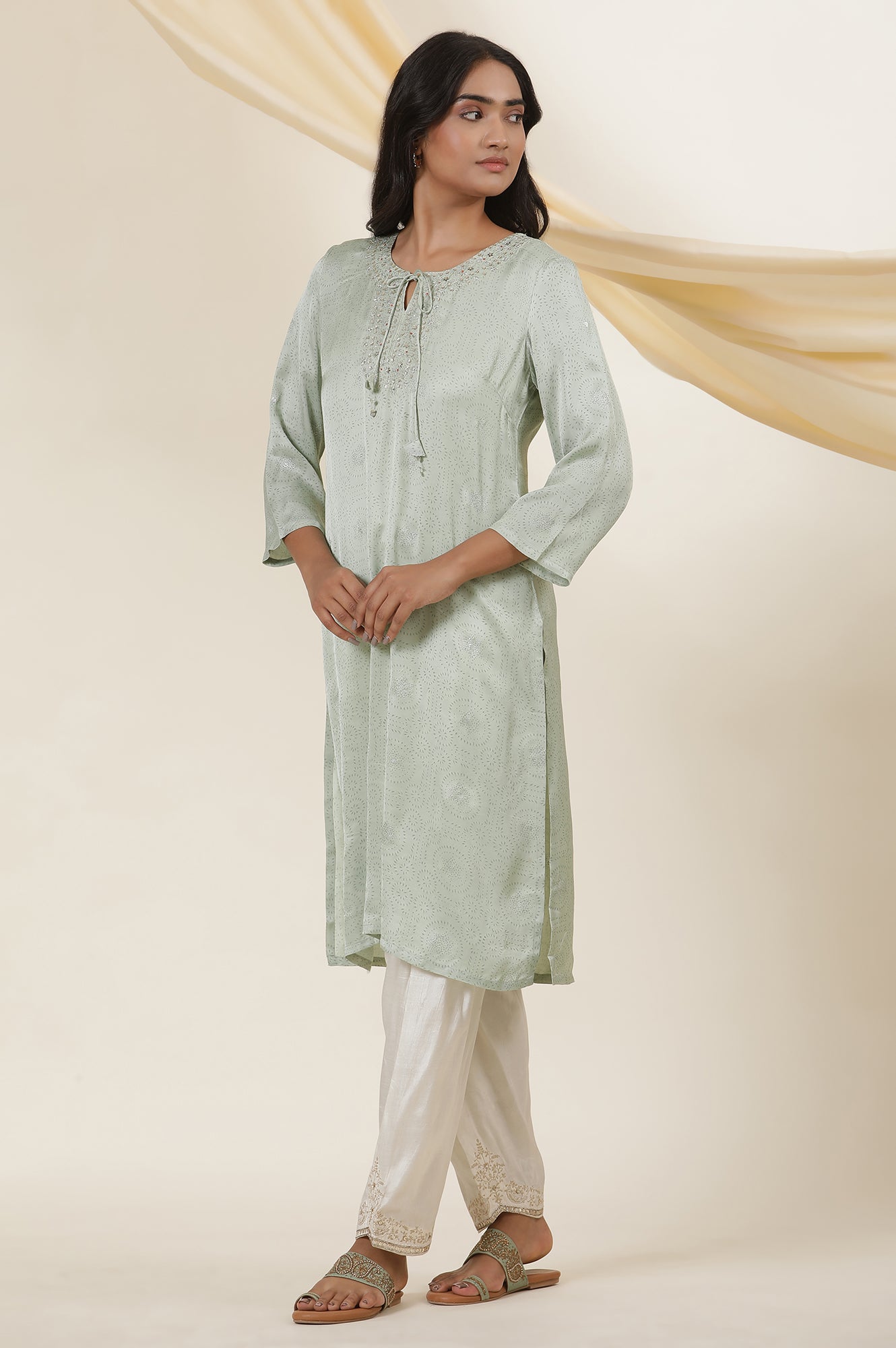 Light Green Rogan Block Printed Embroidered Kurta In Lustrous Satin