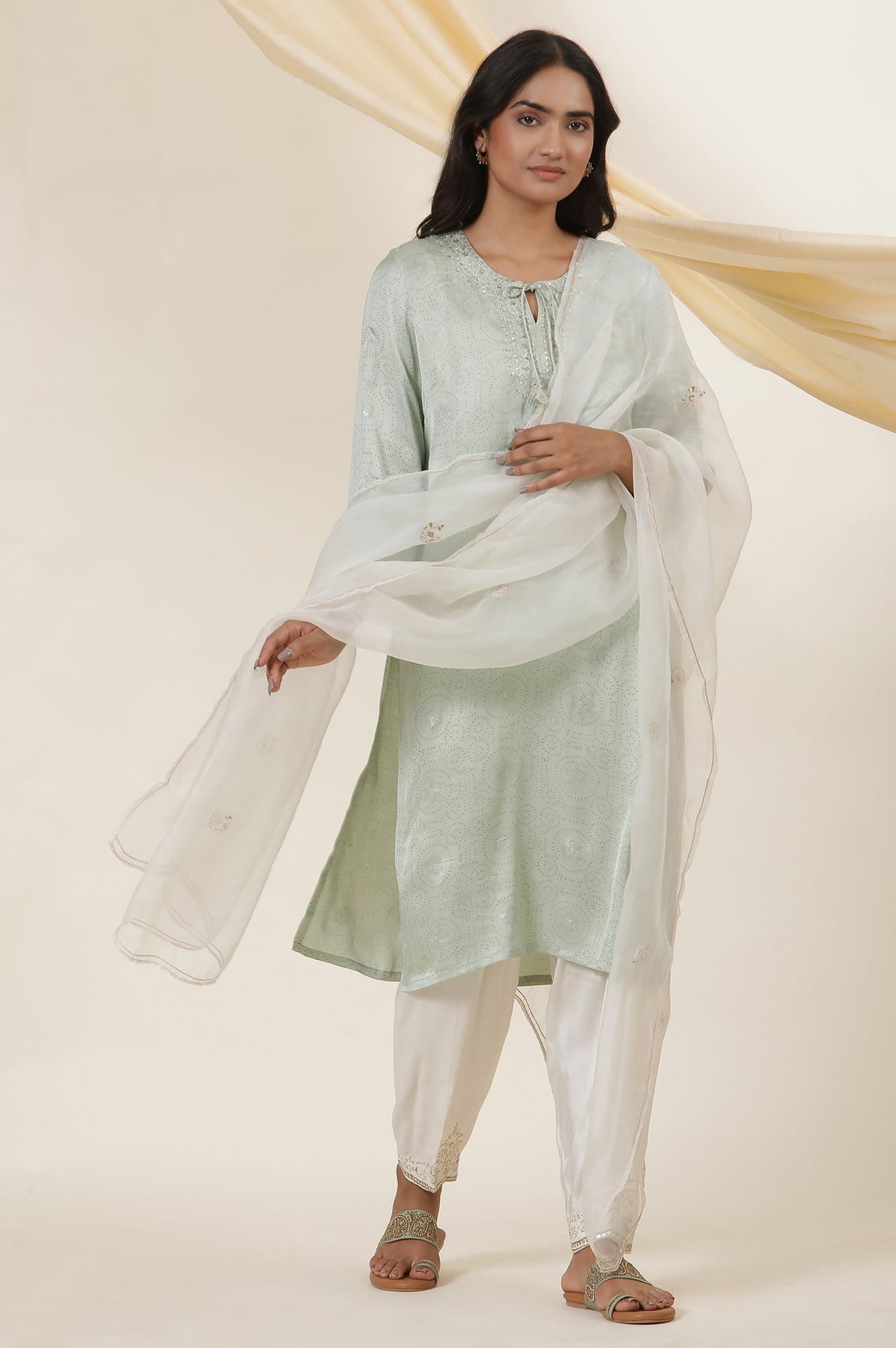 Light Green Rogan Block Printed Embroidered Kurta In Lustrous Satin