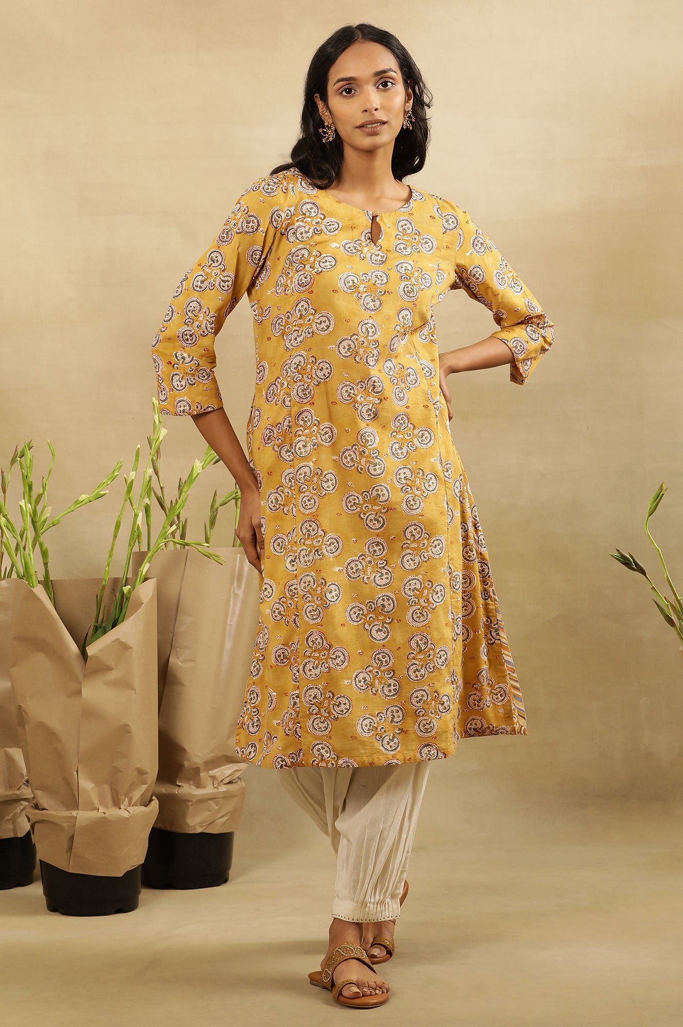 Mustard Block Printed Kurta In Cotton Voile