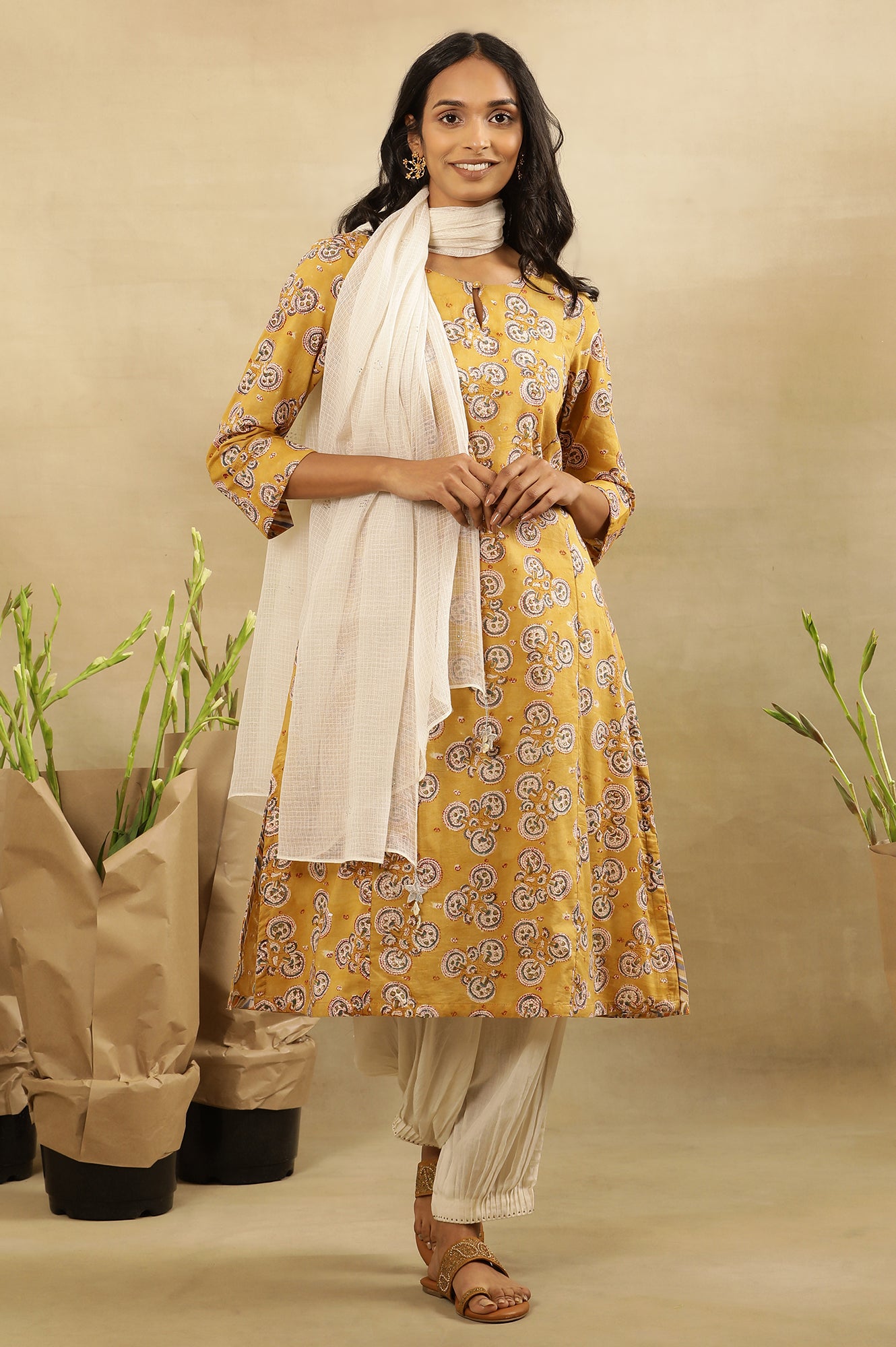 Mustard Block Printed Kurta In Cotton Voile