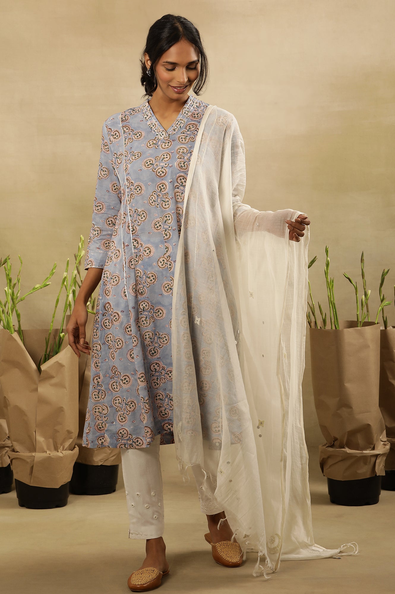 Skyway Blue Block Printed V-Neck Gota Work Kurta