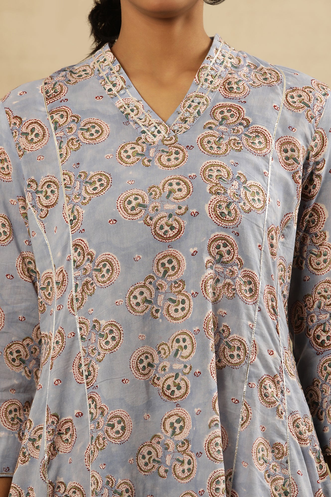 Skyway Blue Block Printed V-Neck Gota Work Kurta