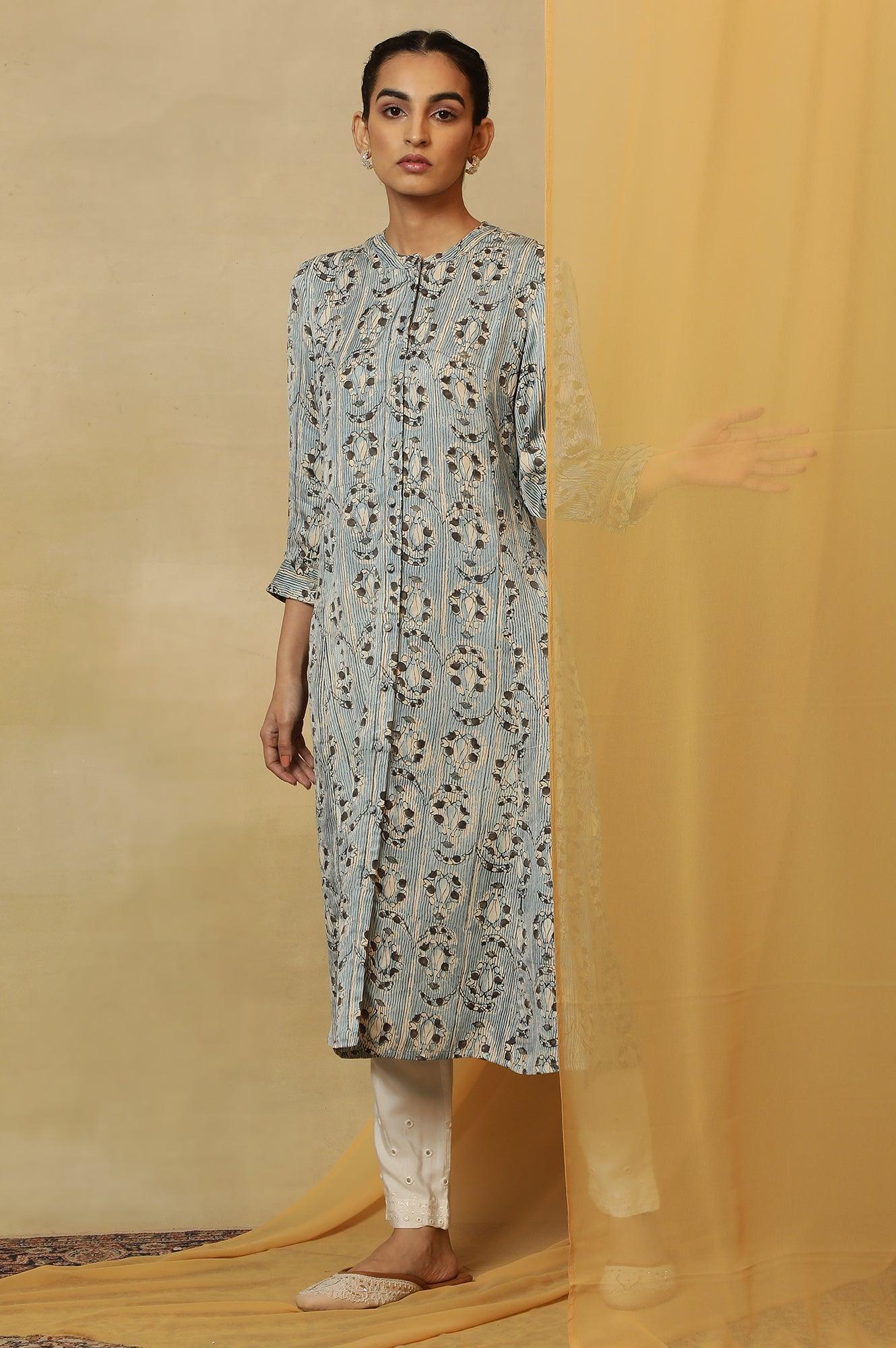 Light Blue Shirt Dress Kurta In Shiny Satin - wforwoman