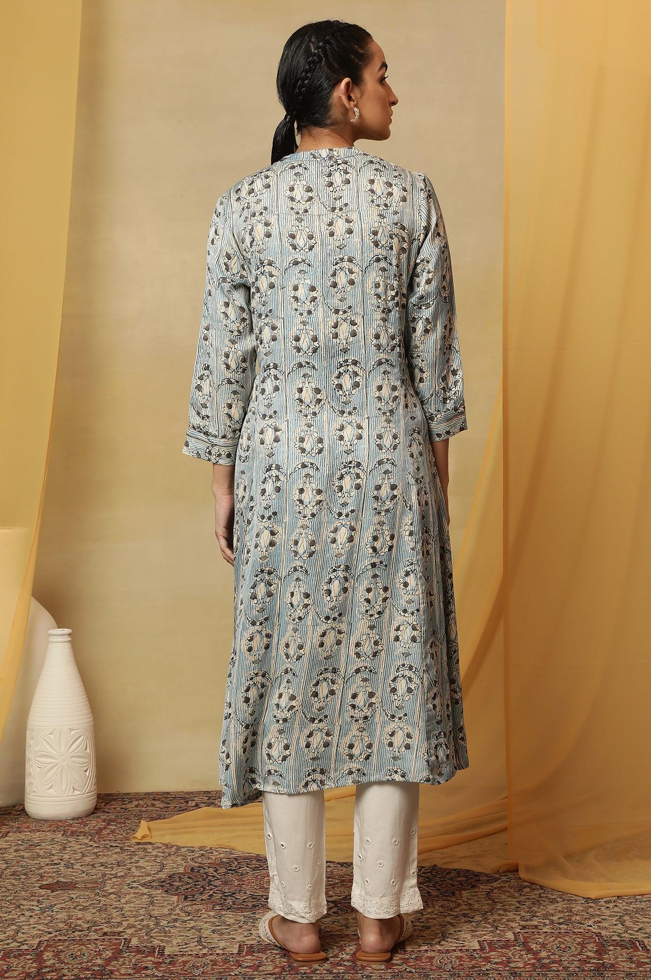 Light Blue Shirt Dress Kurta In Shiny Satin - wforwoman