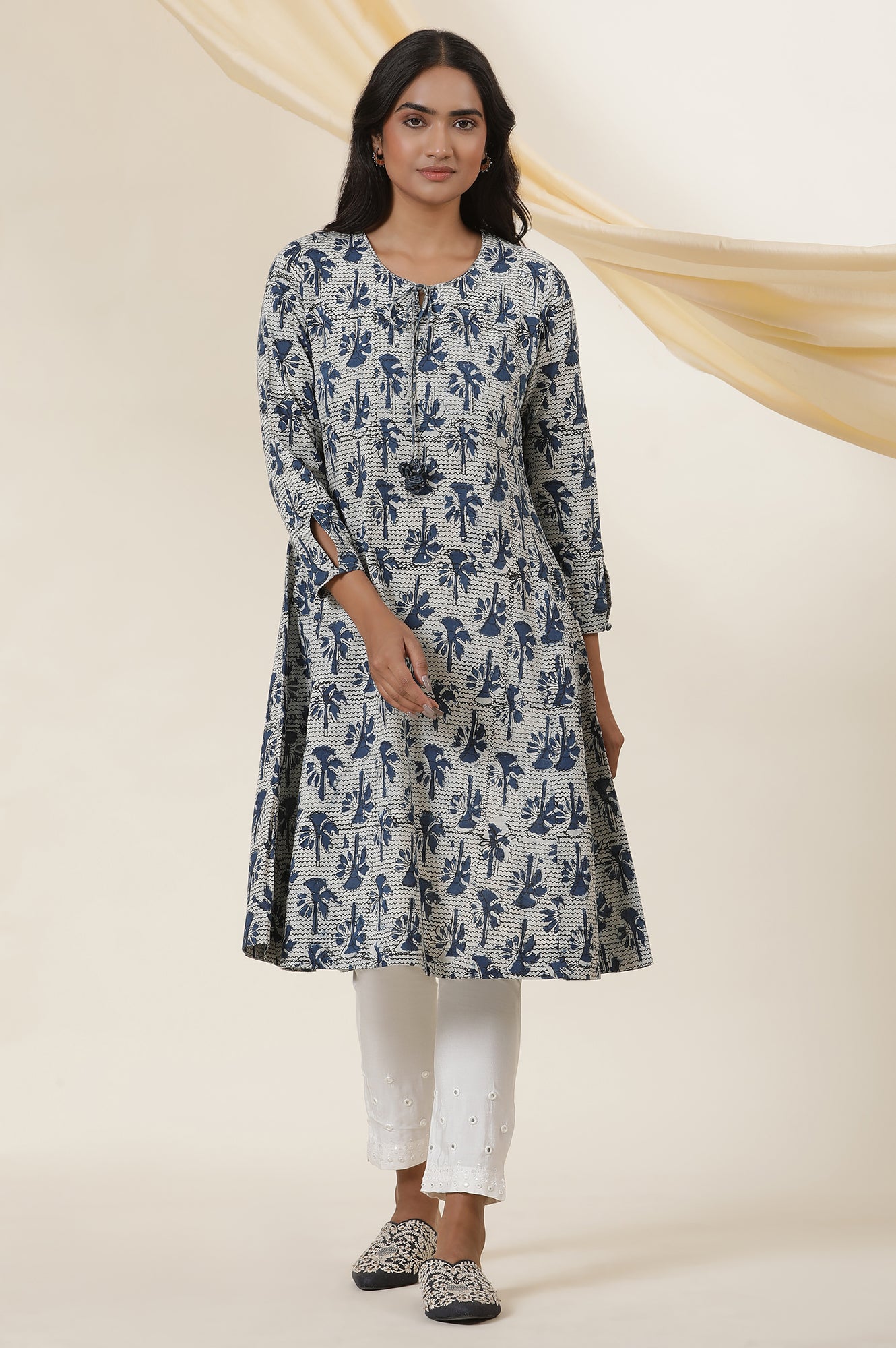 Indigo Block Printed Round Neck Kurta