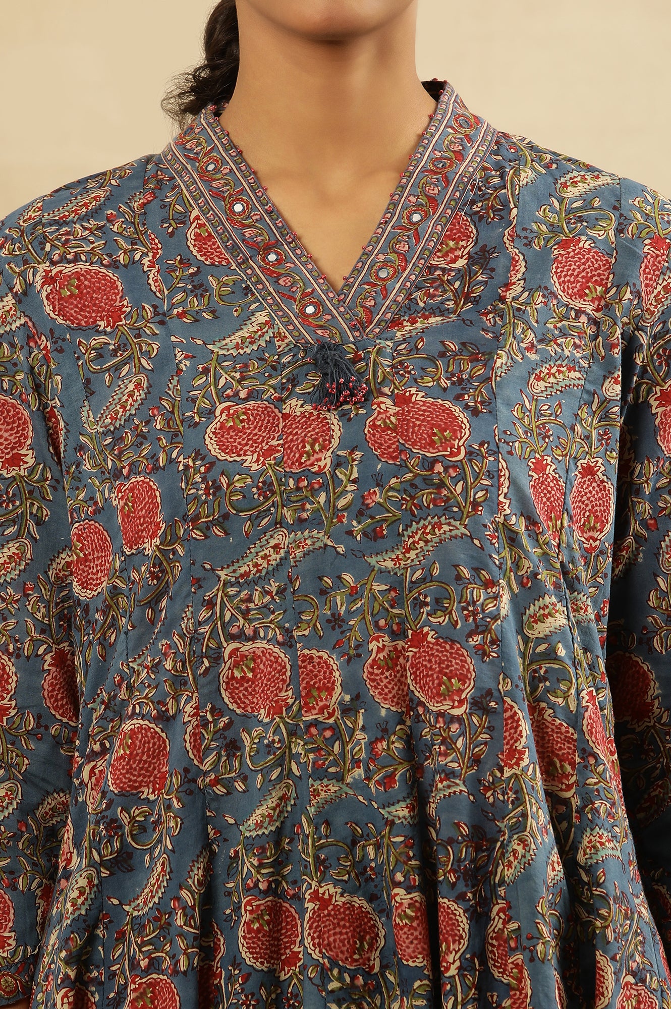 Blue & Red Block Print V-Neck Panelled Kurta