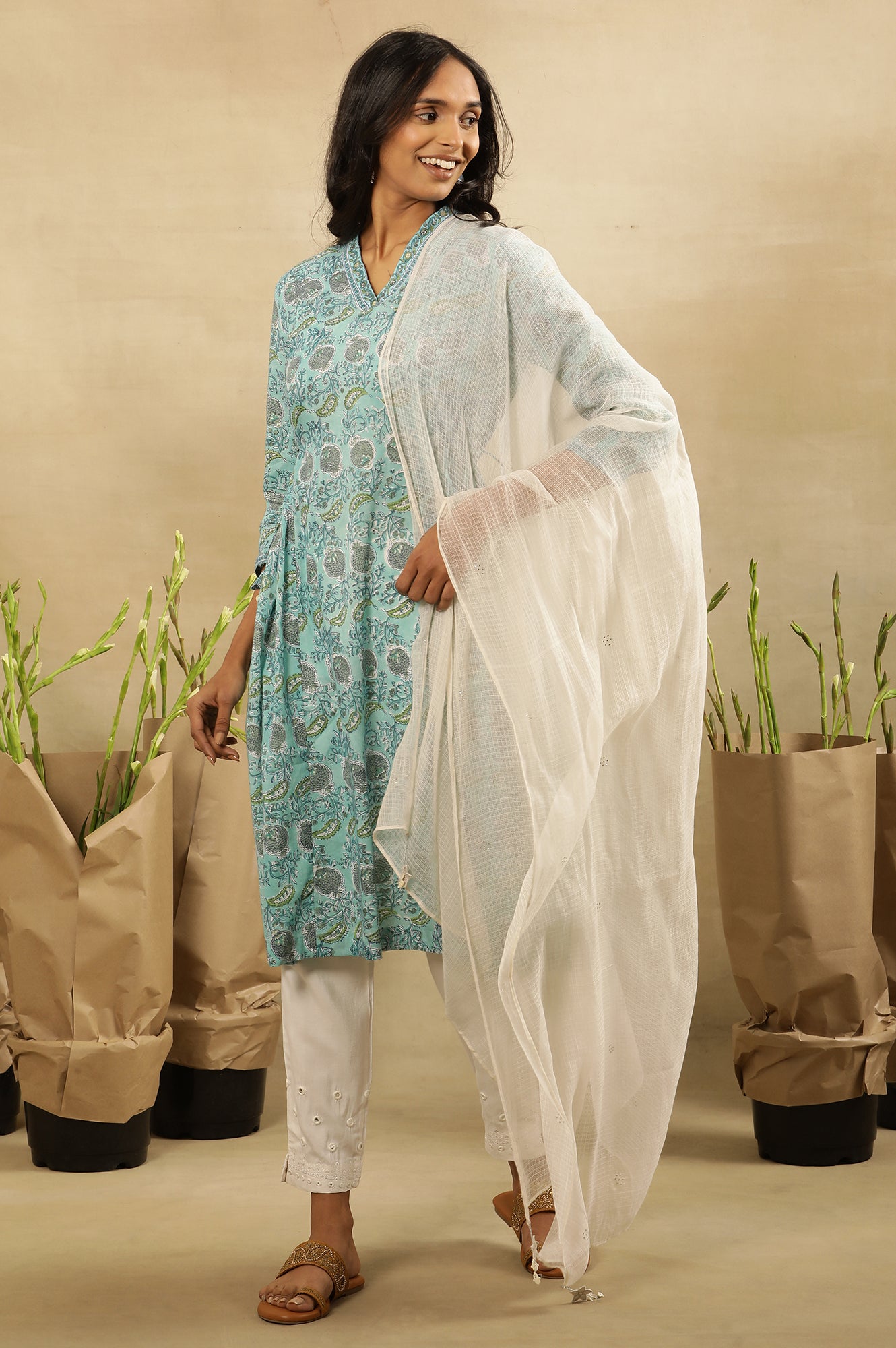 Blue Block Printed Kurta With Side Tie-Ups
