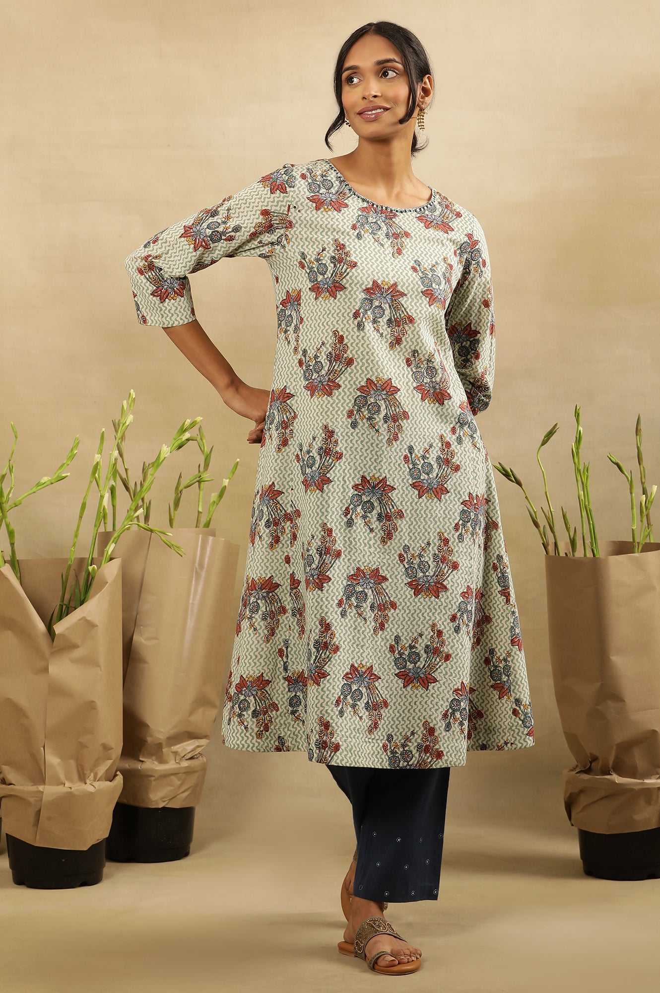 Buy Hand Block Print A-Line Kurta In Cotton Voile Online for Woman |  WforWoman
