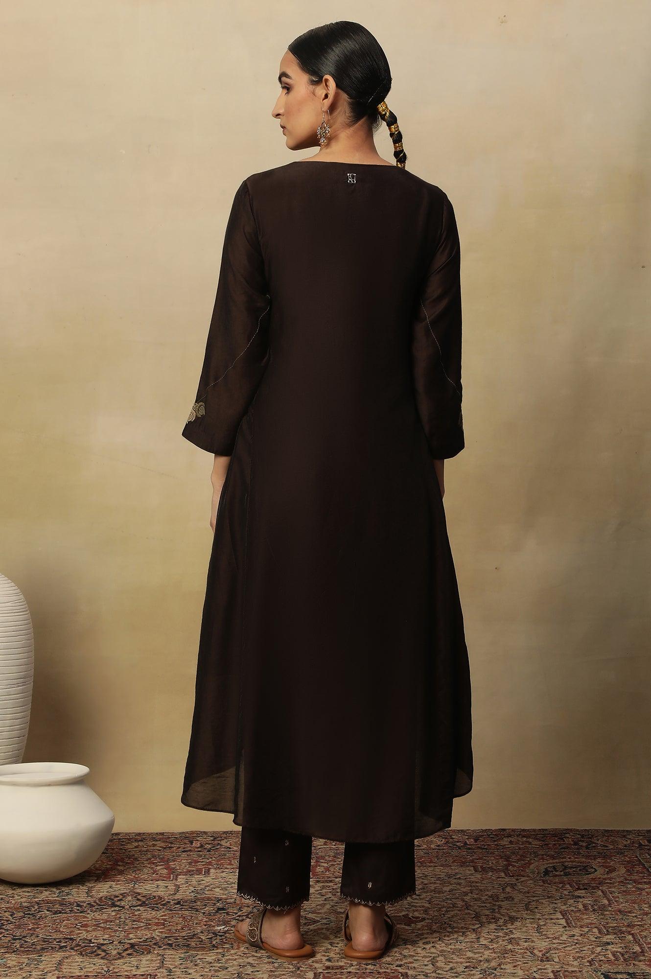 Brown Embroidered Kurta In Chanderi - wforwoman