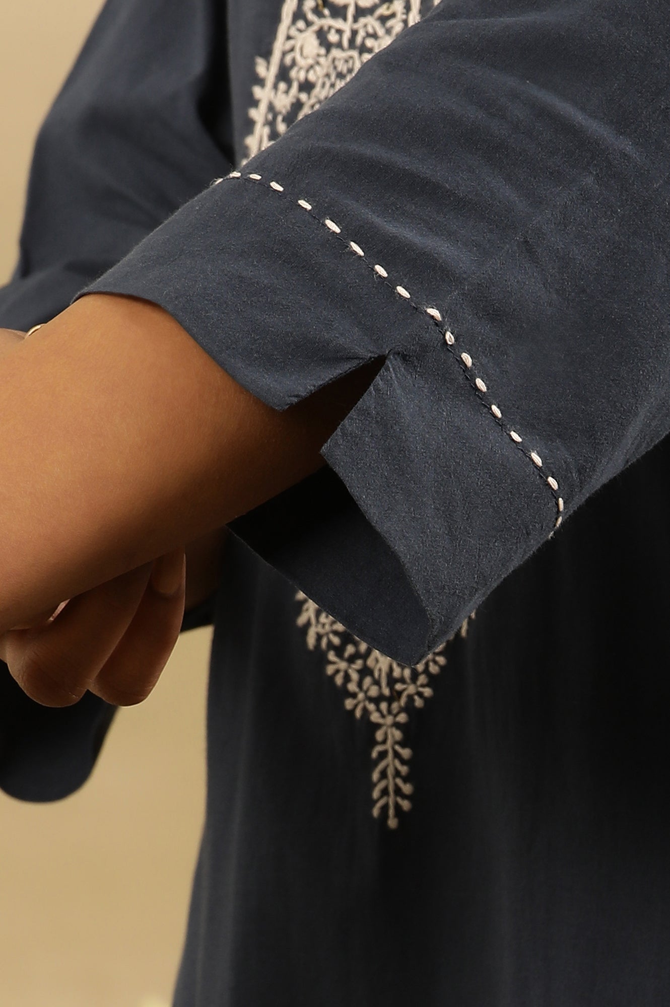 Navy Blue Chikankari Kurta In Cotton Voile