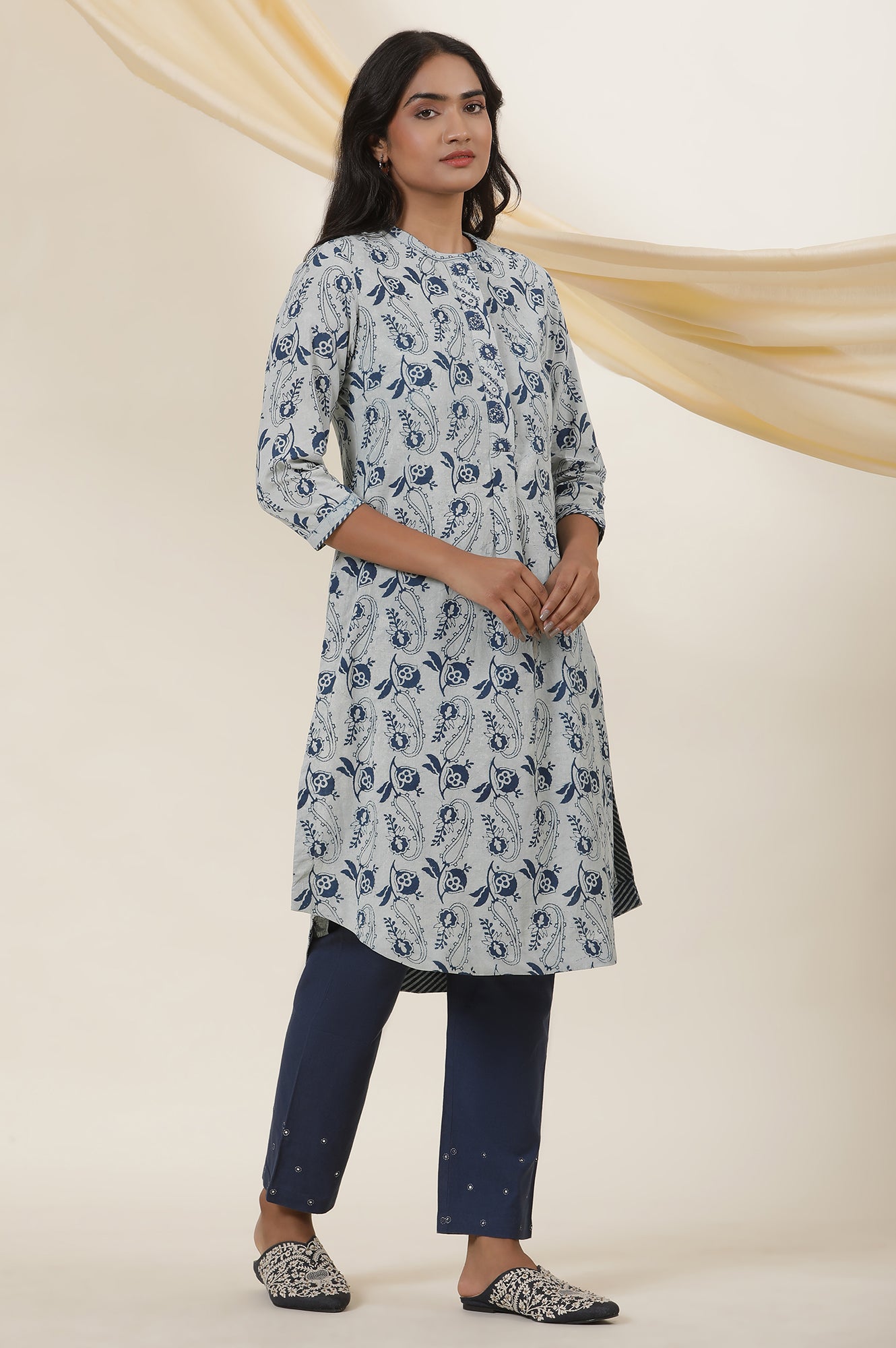 Ecru & Indigo Block Print Shirt Dress Kurta