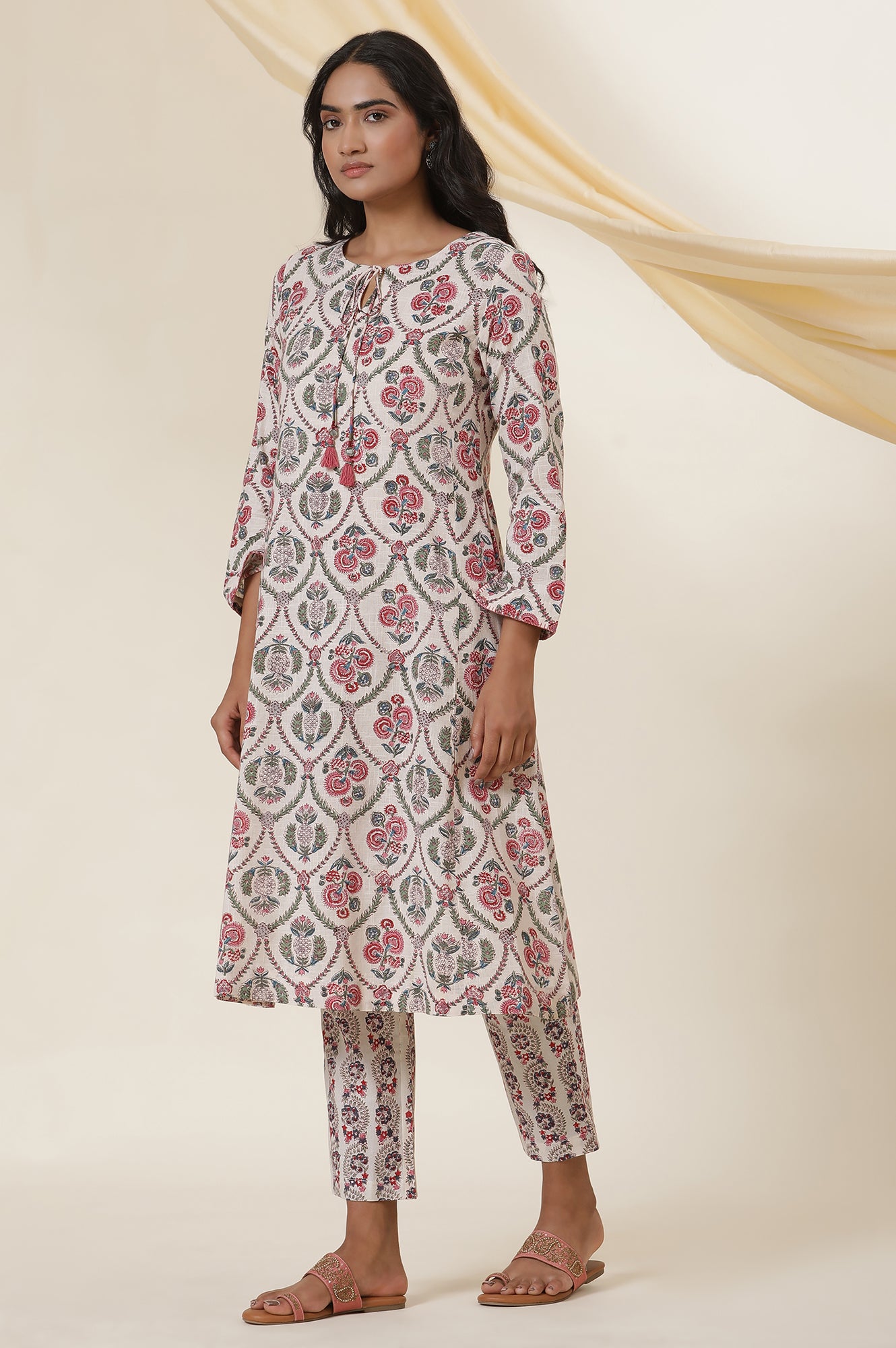 Ecru Cotton Slub Kurta In Multi-Colured Block-Print With Neck-Tie Up