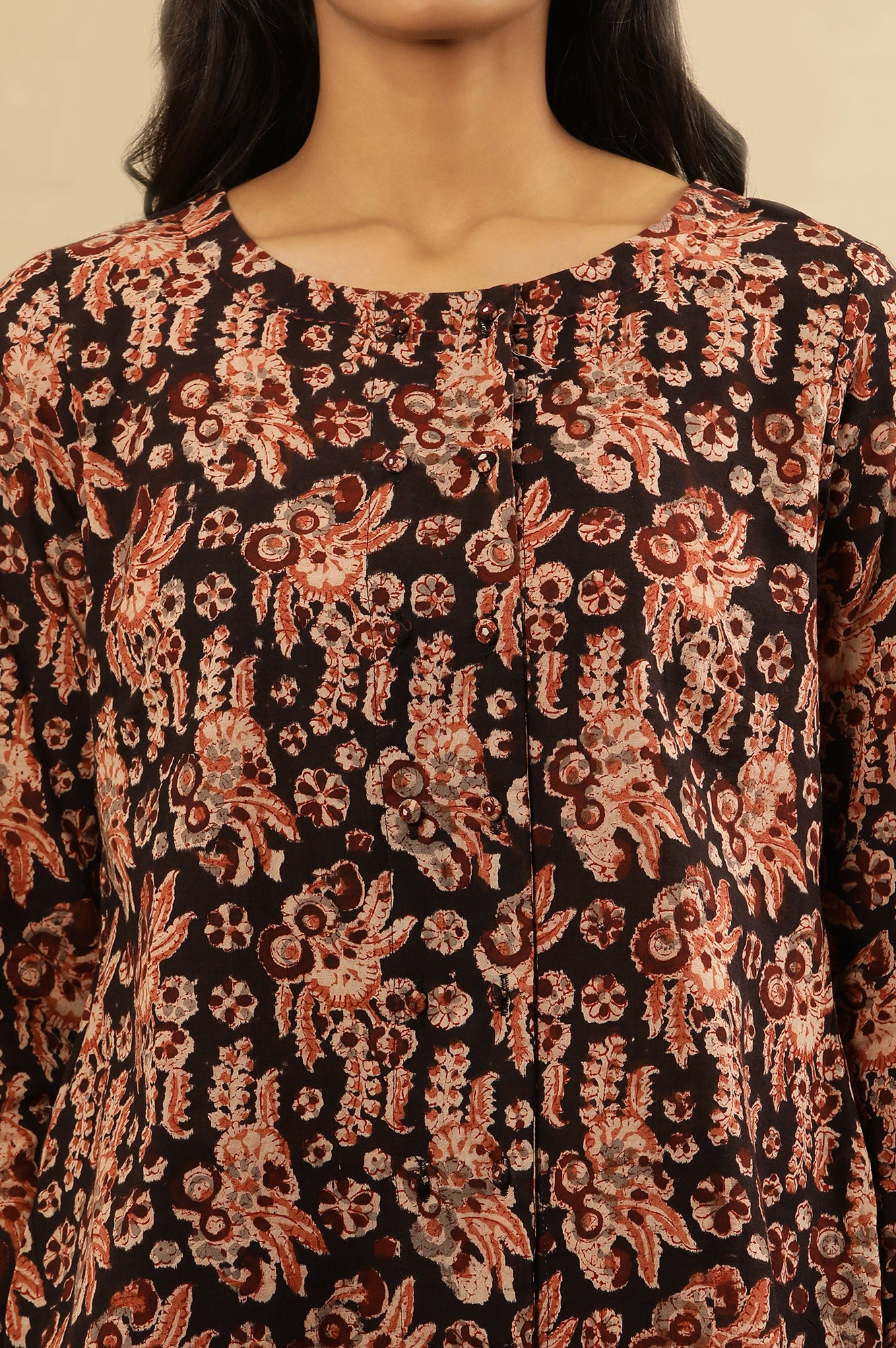 Black And Brick Red Block Printed Top In Cotton Slub