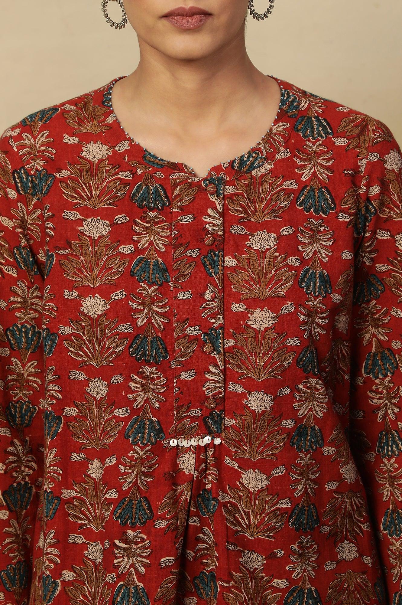 Brick Red Floral Block Print Kurta With Half Placket - wforwoman
