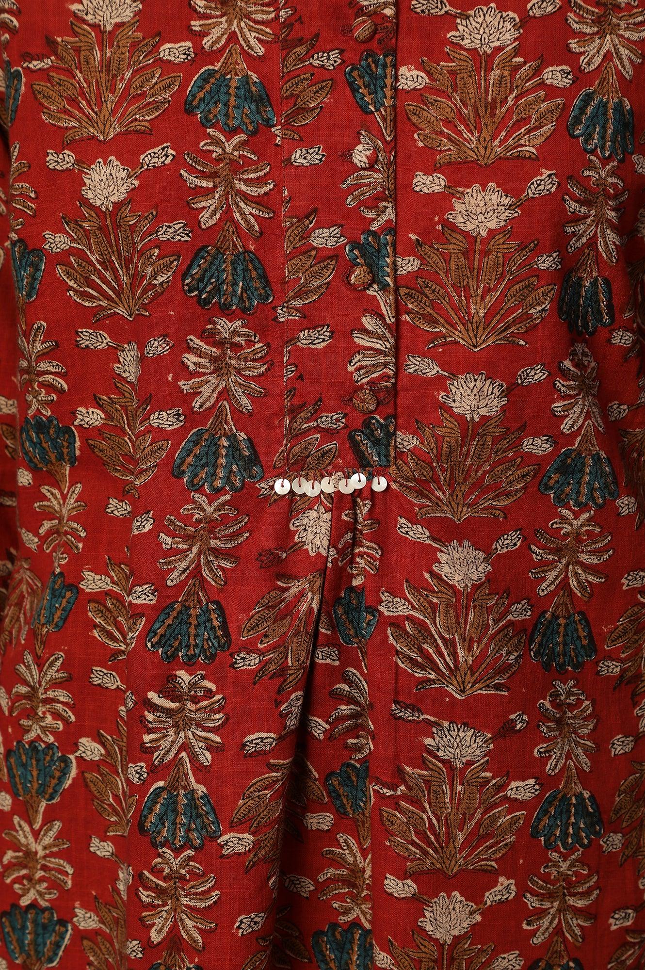 Brick Red Floral Block Print Kurta With Half Placket - wforwoman