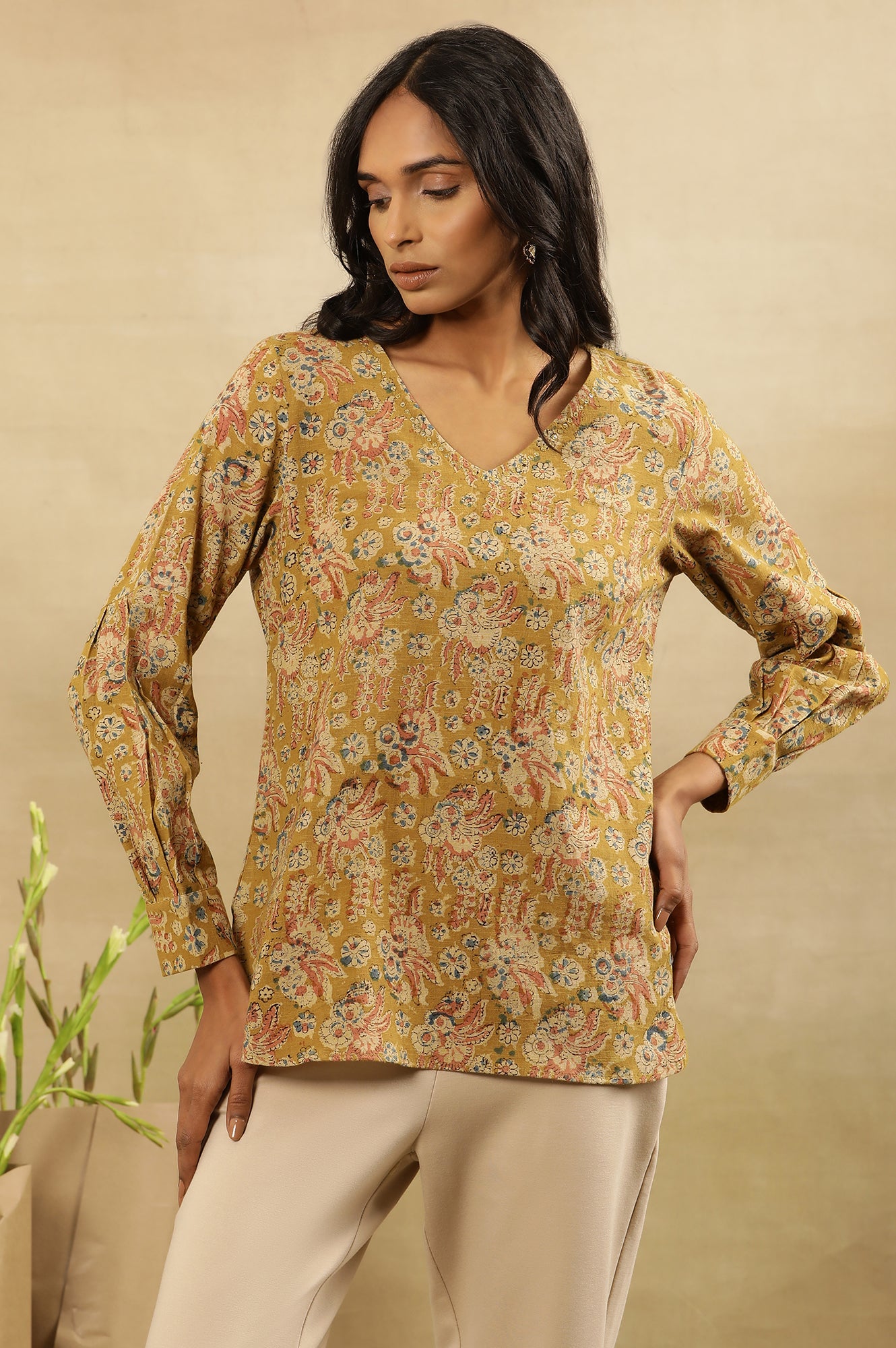 Yellow Floral Block Print V-Neck Top