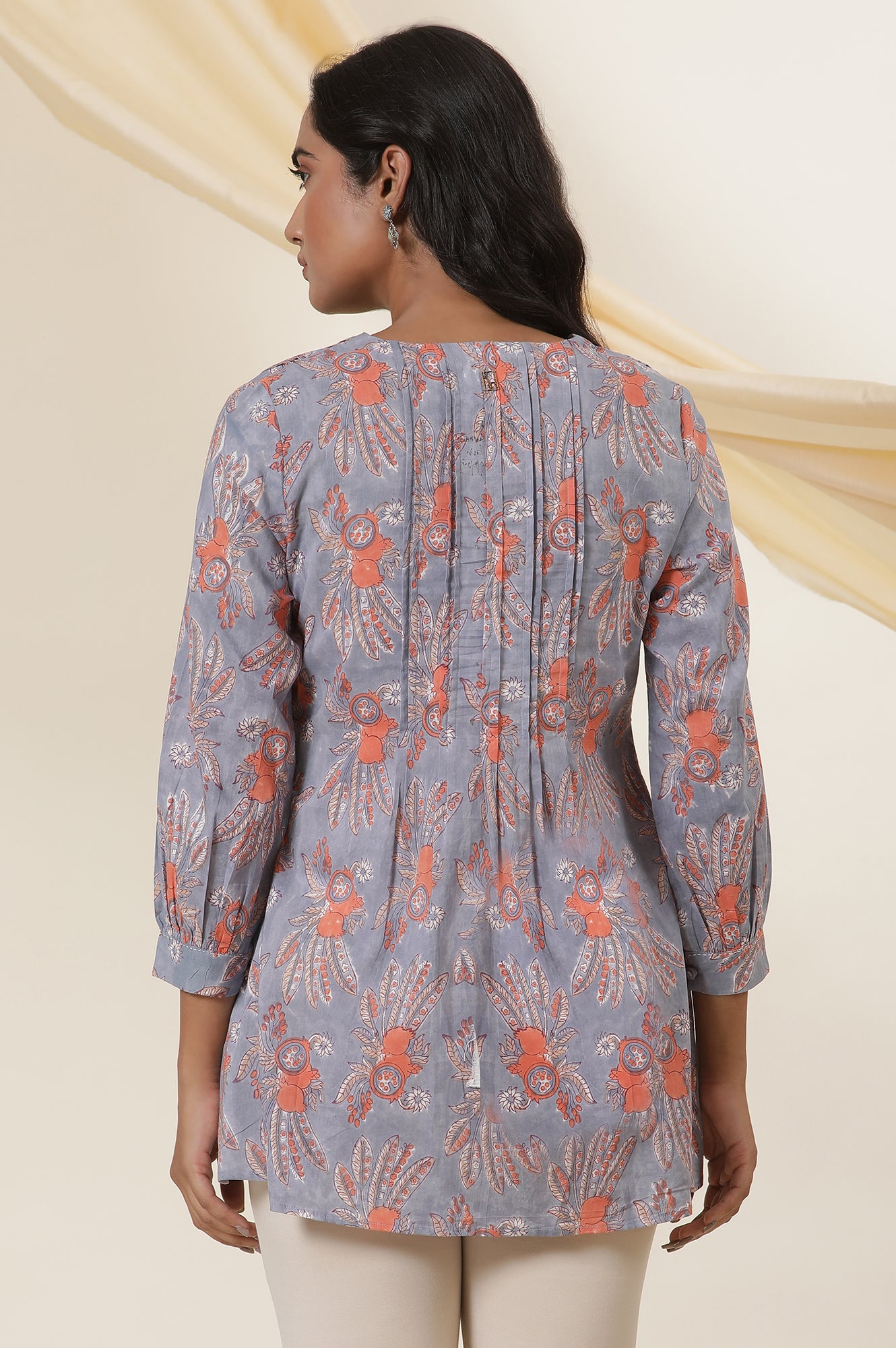 Blue Cotton Multi-Coloured Block Print Pleated Top