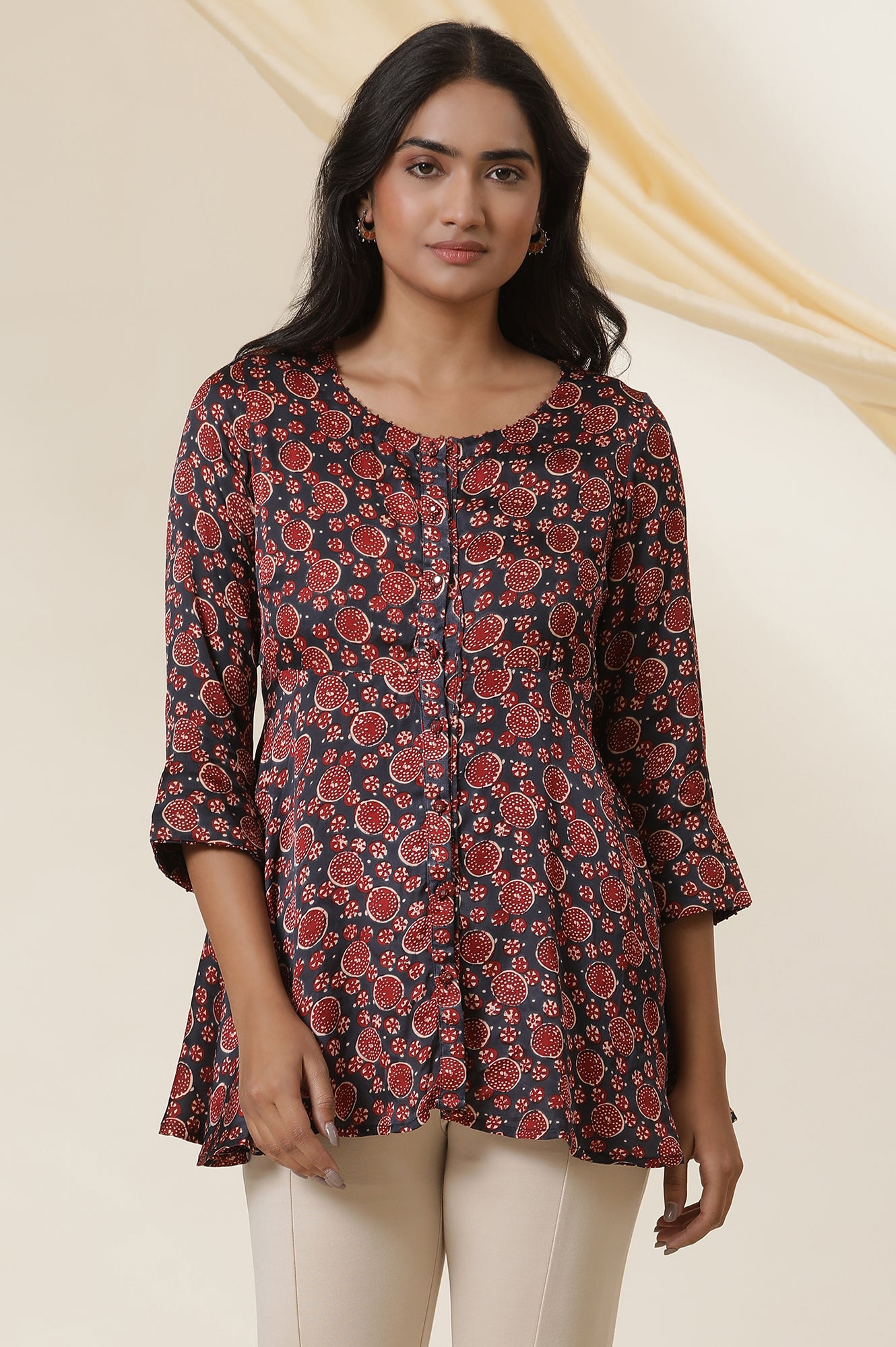 Red & Blue Printed Round Neck Flared Top