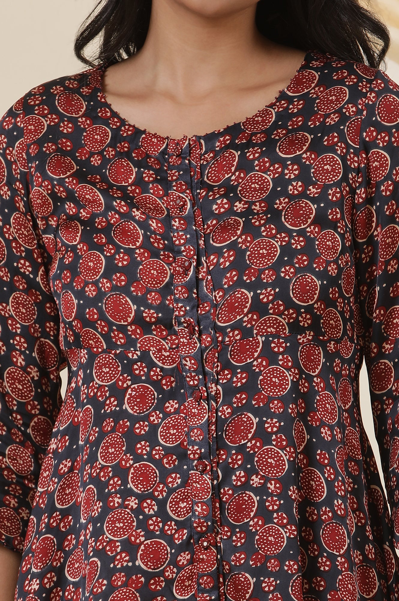 Red & Blue Printed Round Neck Flared Top