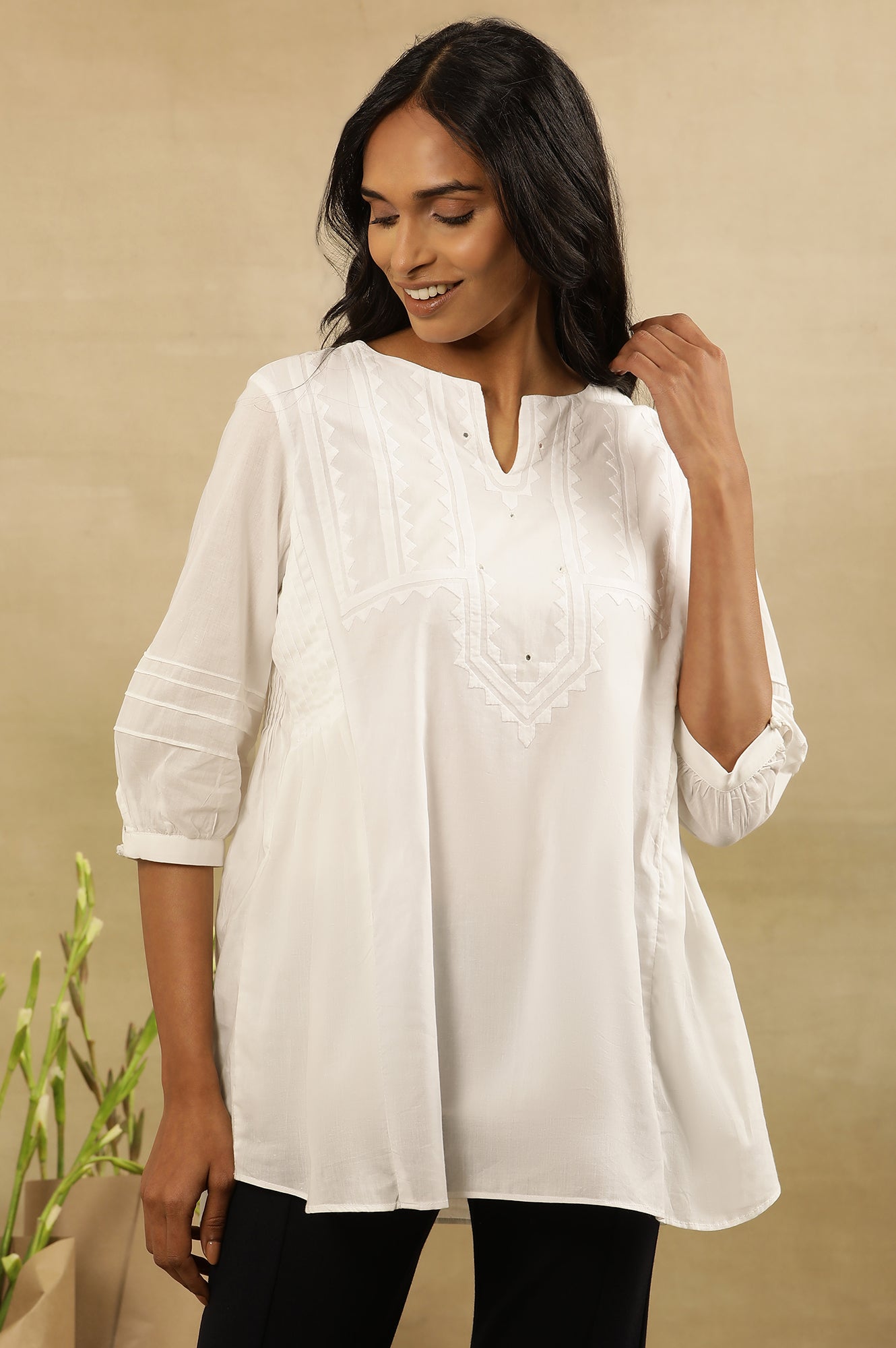 White Applique Work Cotton Voile Top With Mirror Work