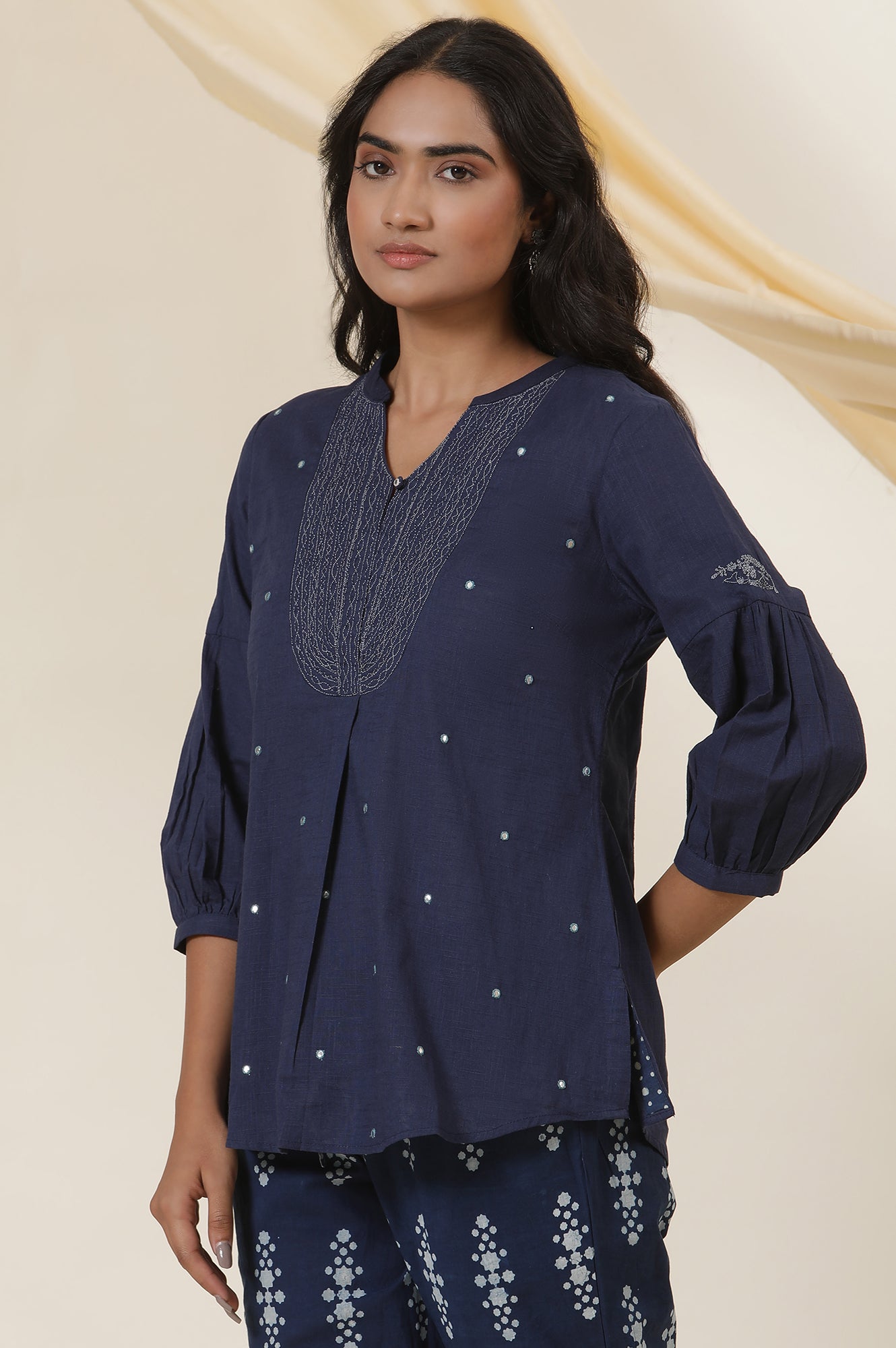 Indigo Blue Embroidered Cotton Slub Top