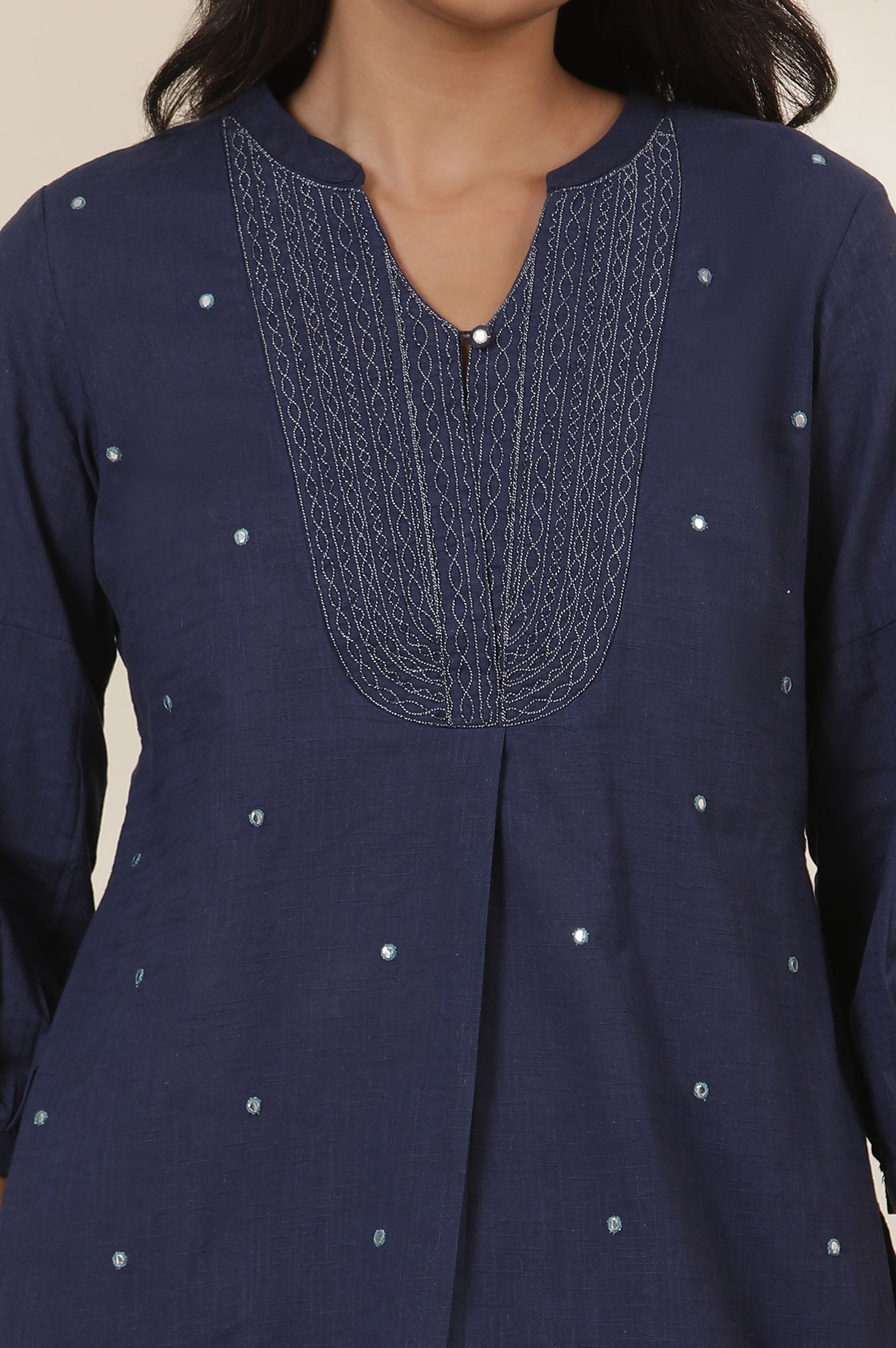 Indigo Blue Embroidered Cotton Slub Top