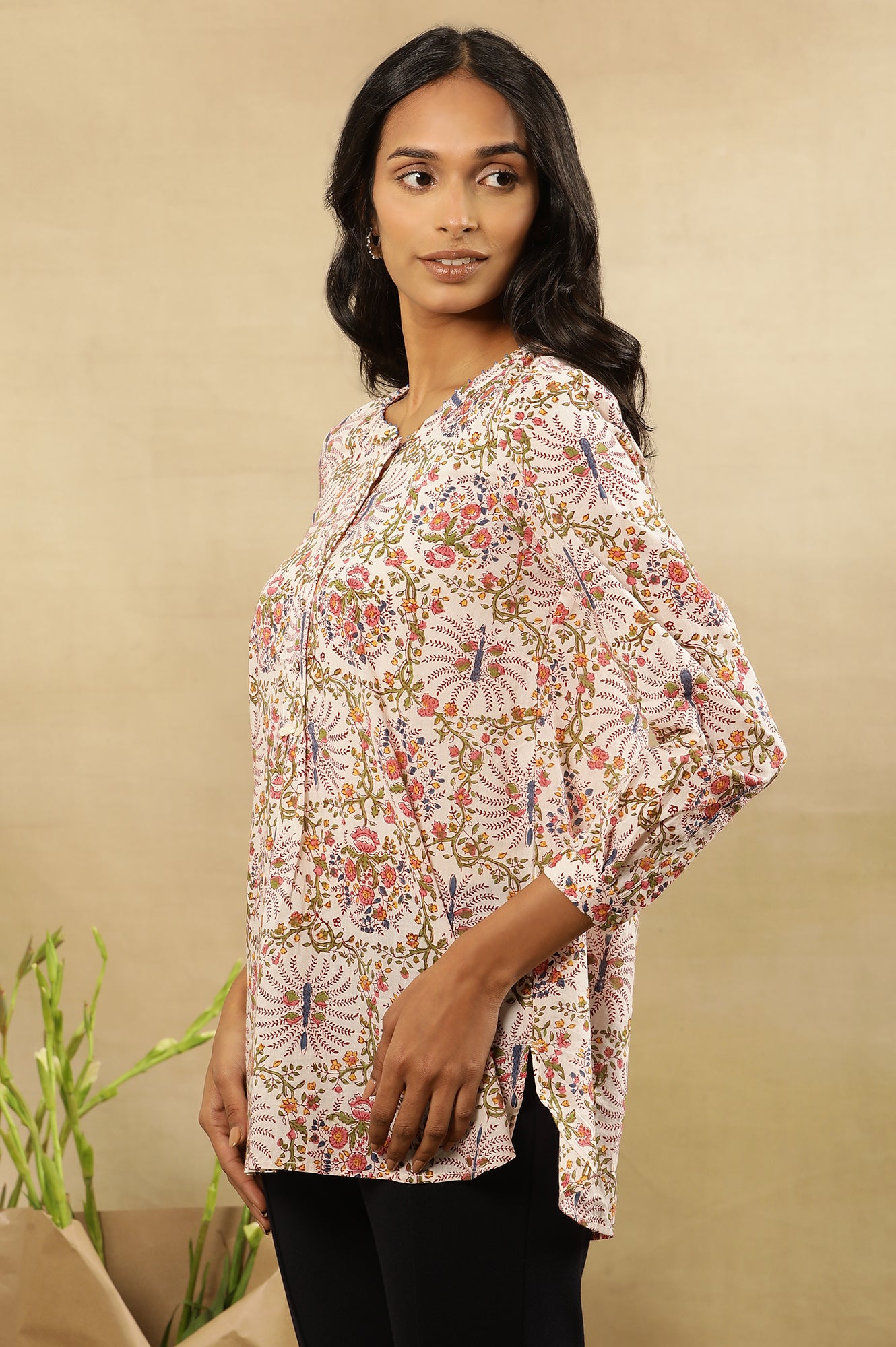 Mandarin Collar Multicolured Block Print Top