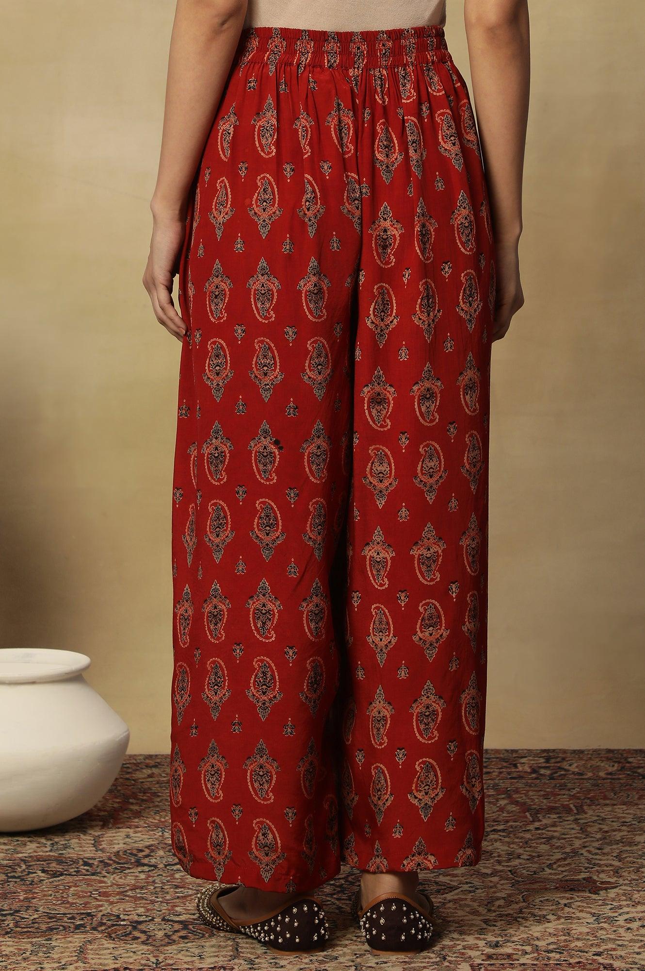 Red Printed Embroidered Red Parallel Pants - wforwoman