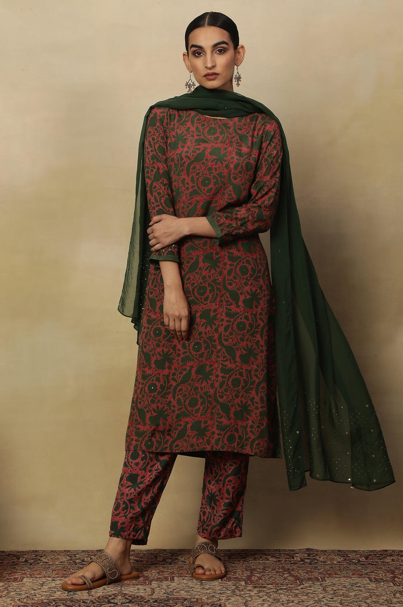 Jungle Green Block Printed Straight Pants - wforwoman