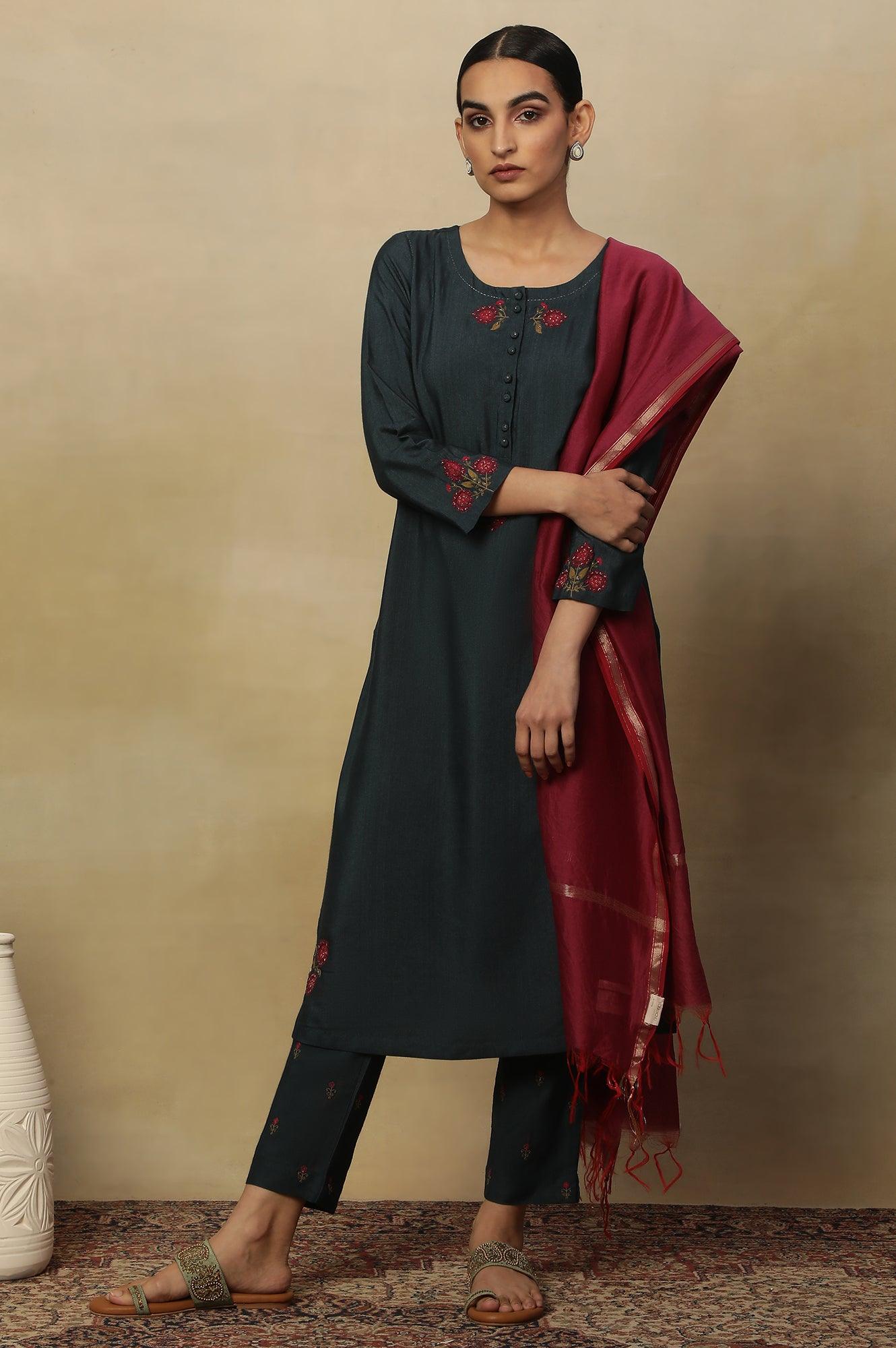 Teal Blue Embroidered Slim Pants - wforwoman