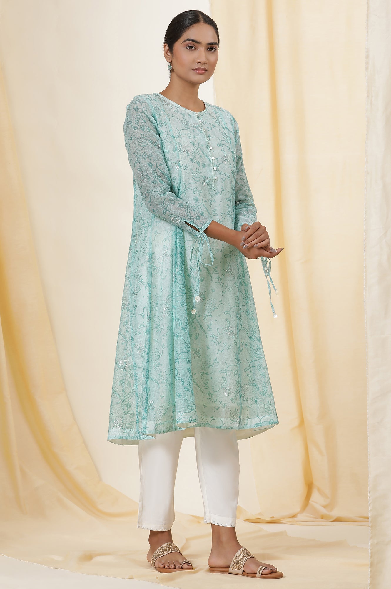 Light Green Block Printed A-Line Cotton Silk Kurta And Straight Pants Set