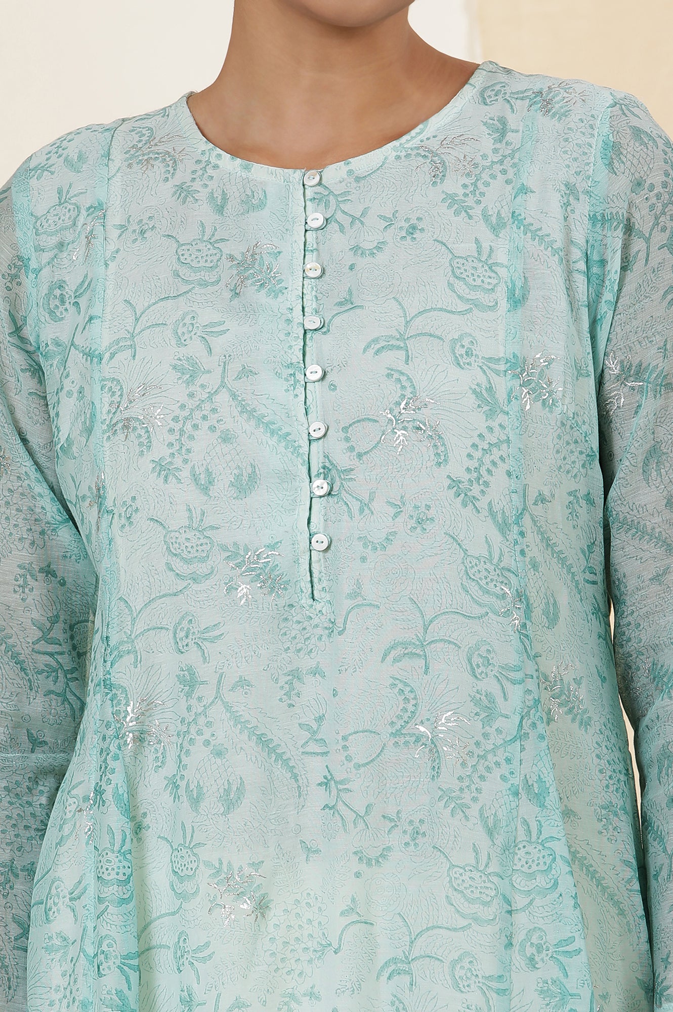 Light Green Block Printed A-Line Cotton Silk Kurta And Straight Pants Set