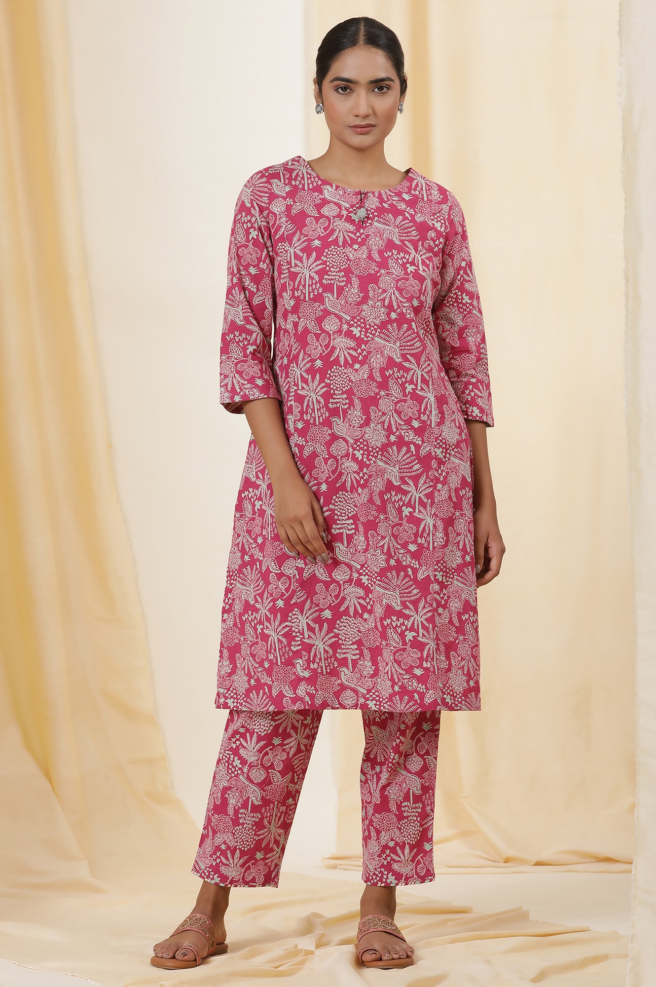 Pink Handblock Printed Cotton Kurta And Pants Co-Ord Set