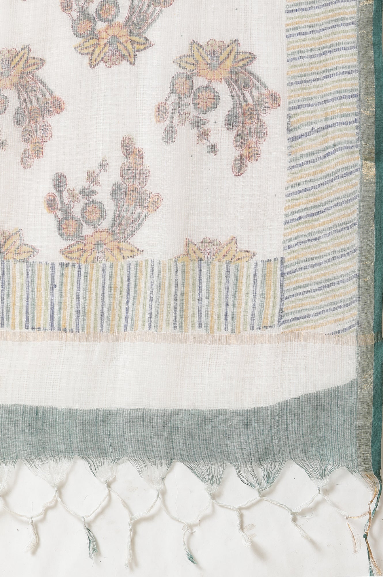 Ecru Floral Multi-Colored Hand Block Print Kurta, Pants And Dupatta Set