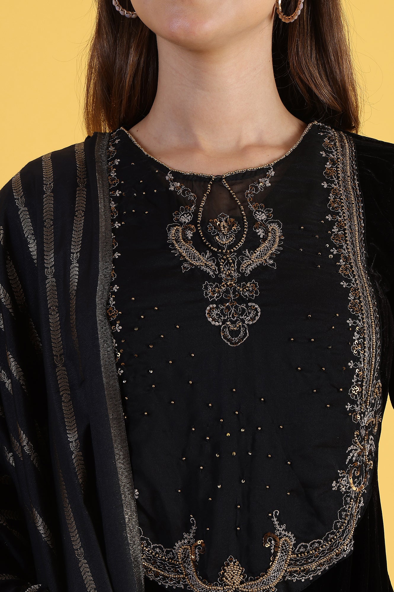 Black Solid Metallic Embroidery Flared Kurta & Straight pant with Dupatta Set