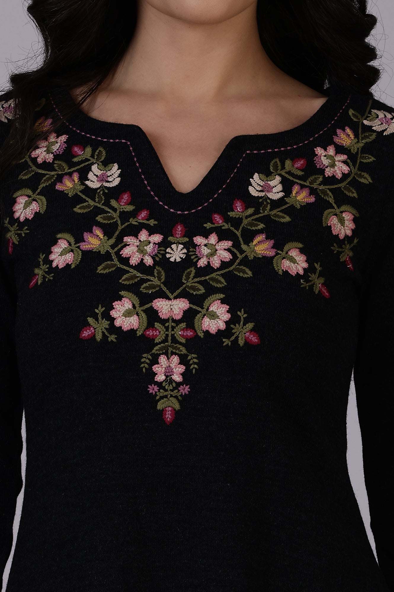 Grey Solid Thread Work Acrylic A-Line Kurta