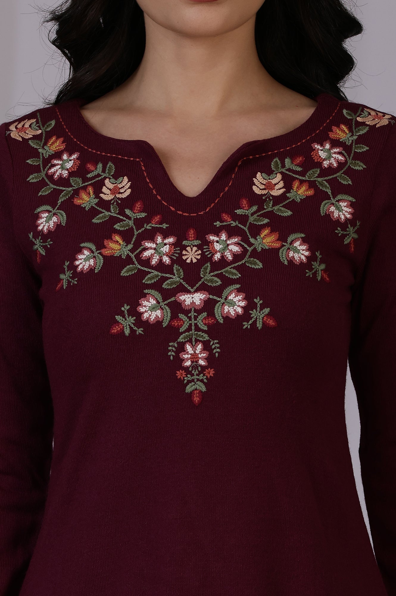 Purple Solid Thread Work Acrylic A-Line Kurta