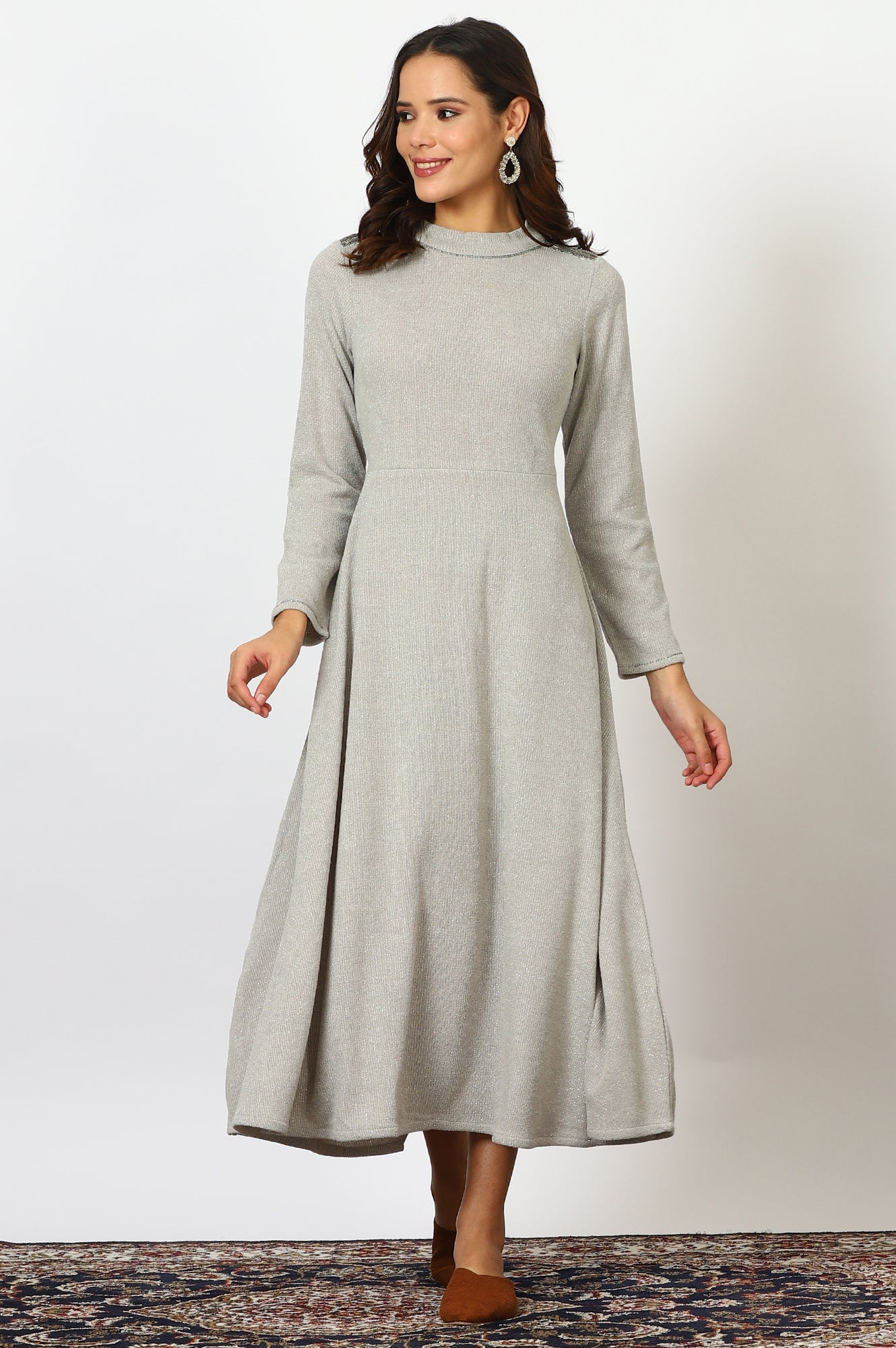 Buy Grey Solid Metallic Hardware Flarred Dresses Online for Woman | WforWoman Buy Grey Solid Metallic Hardware Flarred Dresses Online for Woman | WforWoman