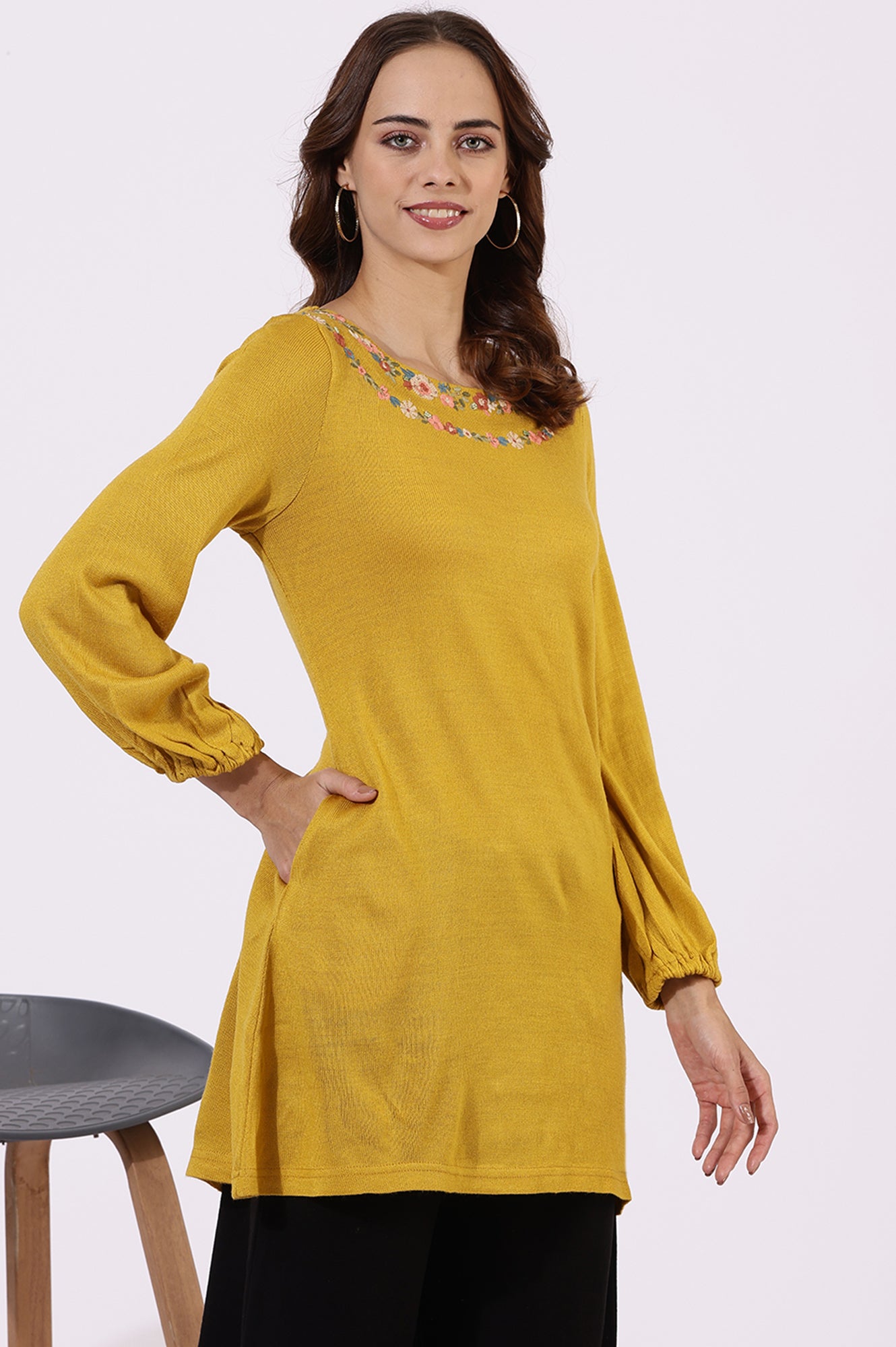 Yellow Solid Thread Work Acrylic Straight Westernwear