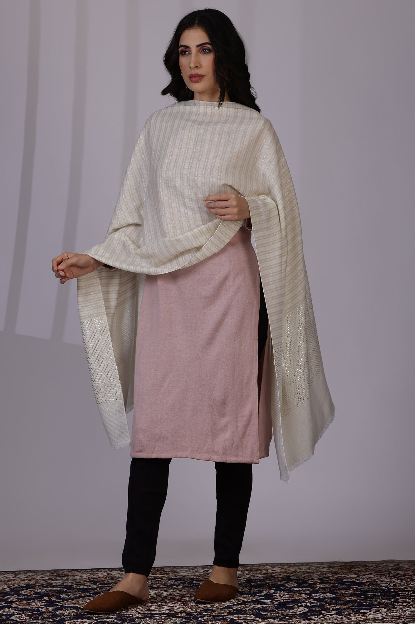 White Solid Sequins Acrylic Shawls & Stole