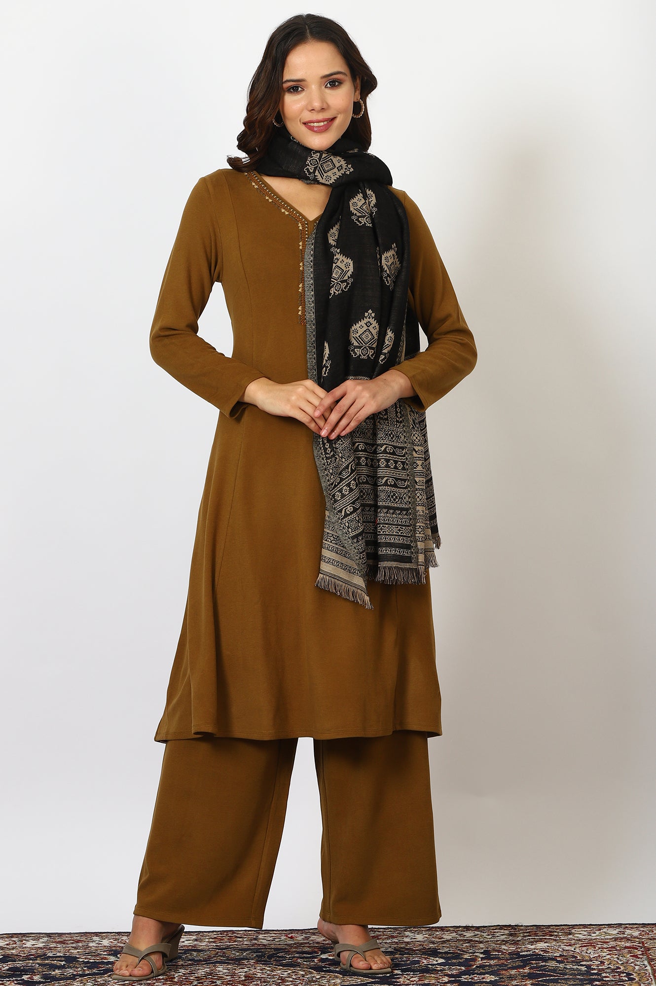 Black Yarn Dyed Cotton Blend Shawls & Stole