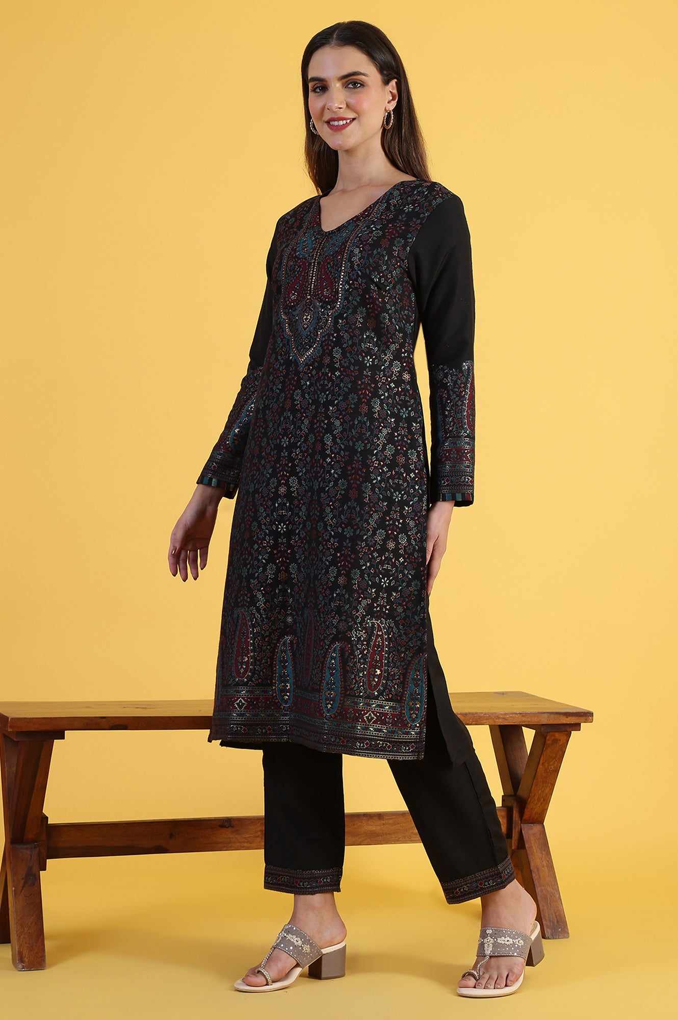 Black Yarn Dyed Sequins A-Line Kurta & Straight pant with Dupatta Set
