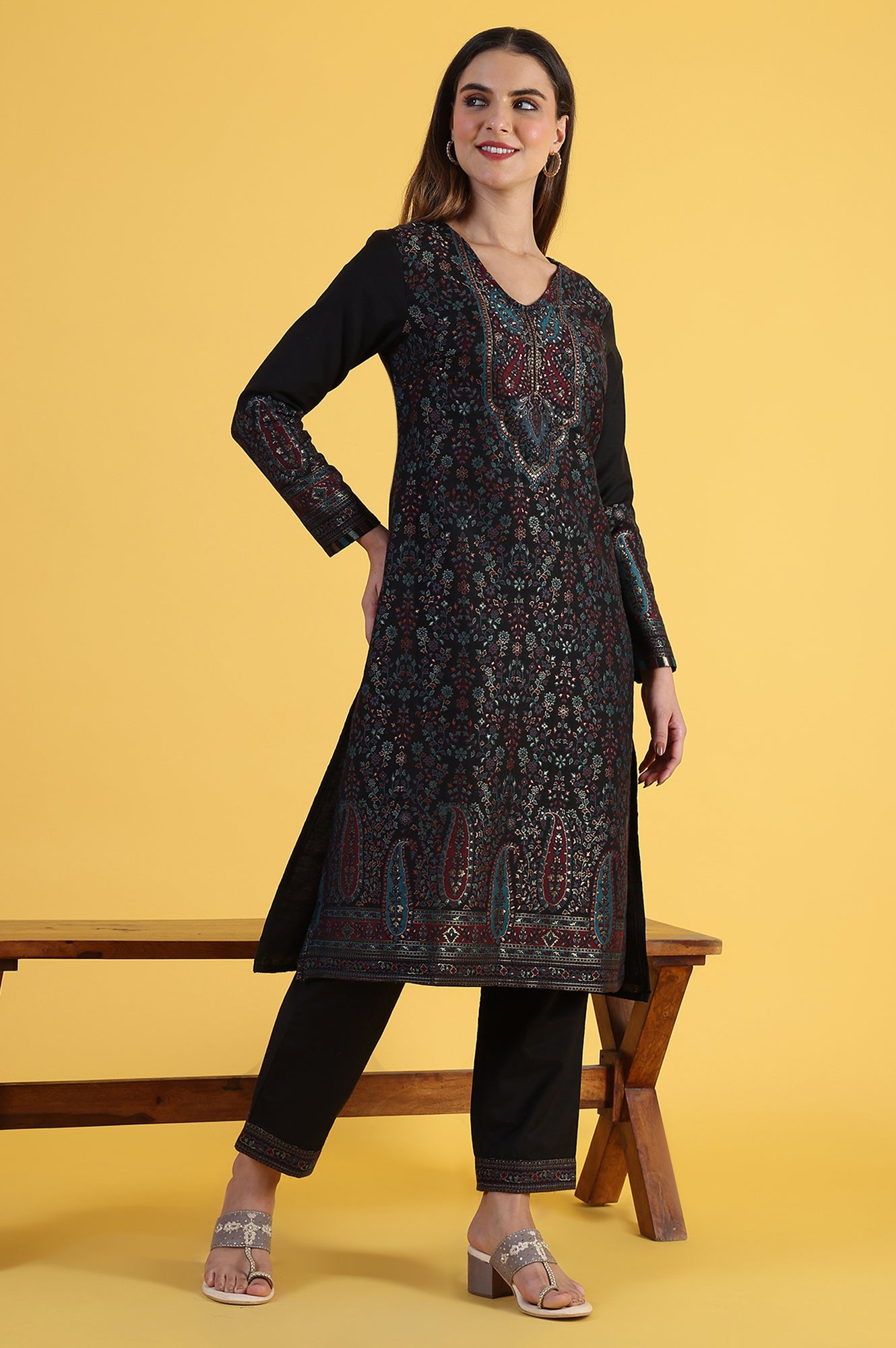 Black Yarn Dyed Sequins A-Line Kurta & Straight pant with Dupatta Set