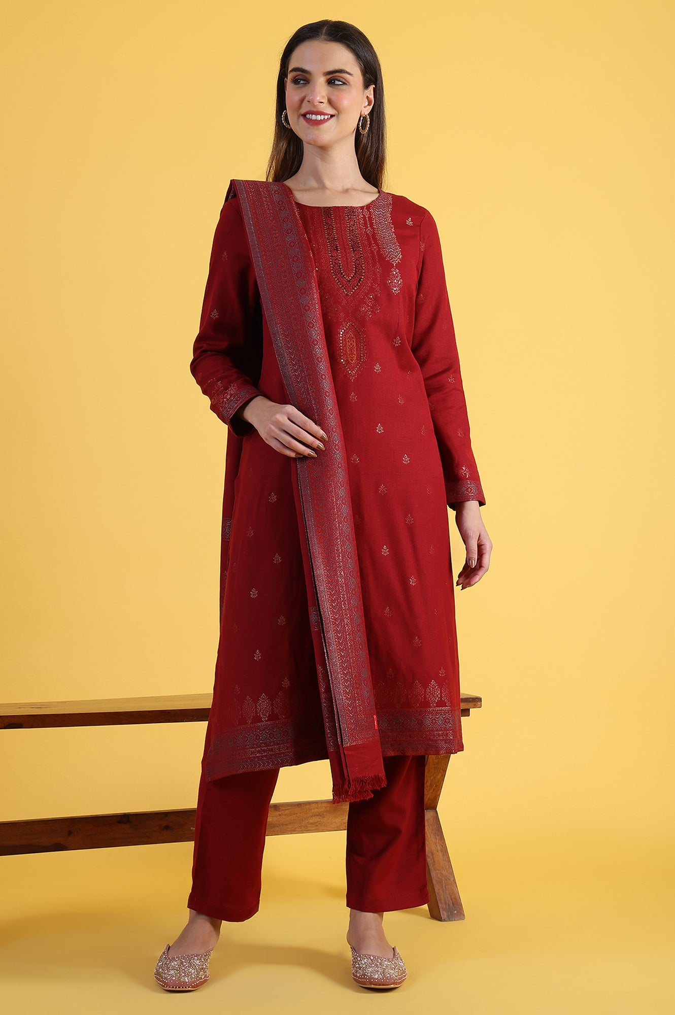 Red Yarn Dyed Sequins A-Line Kurta & Straight pant with Dupatta Set