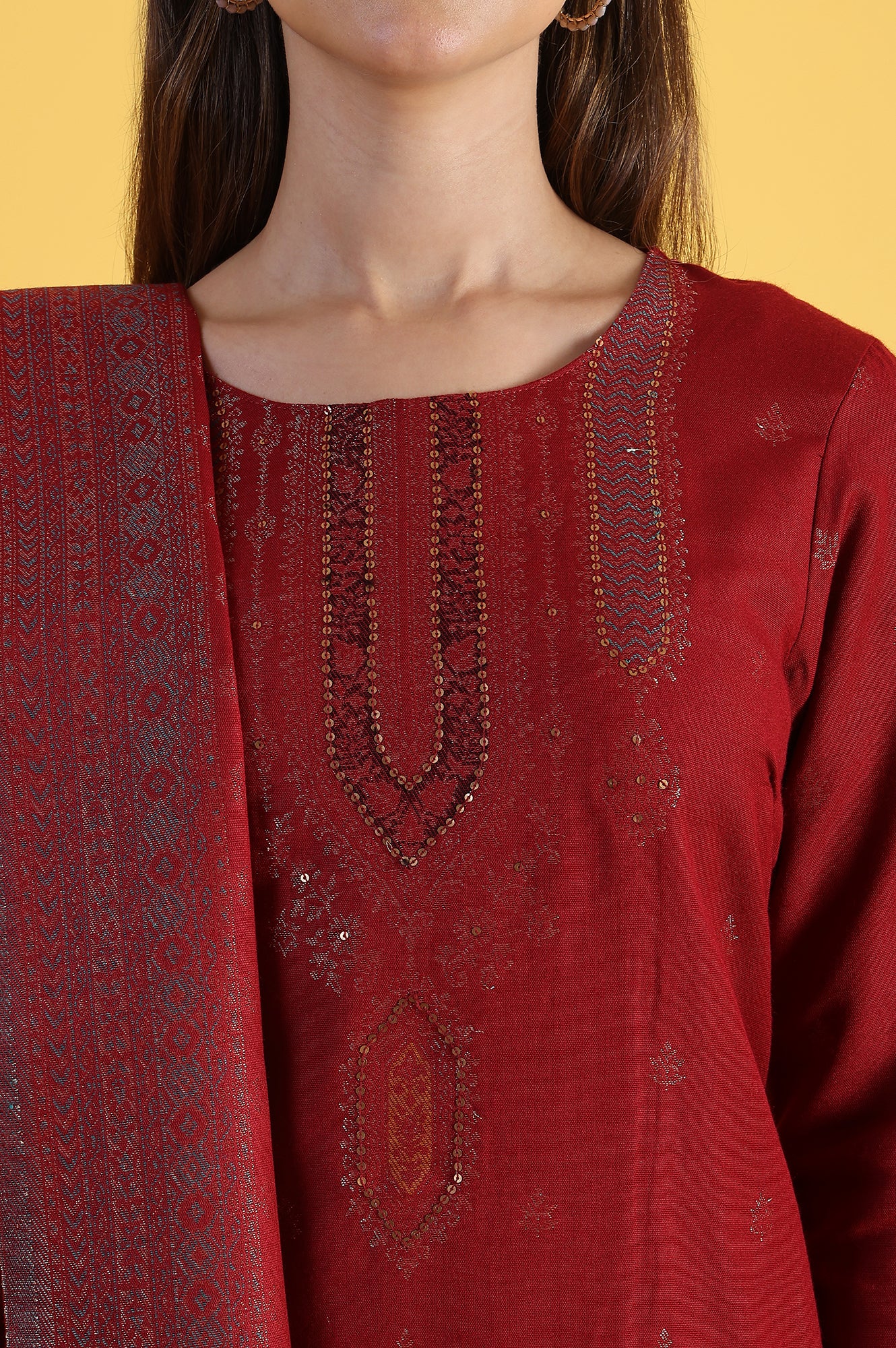 Red Yarn Dyed Sequins A-Line Kurta & Straight pant with Dupatta Set