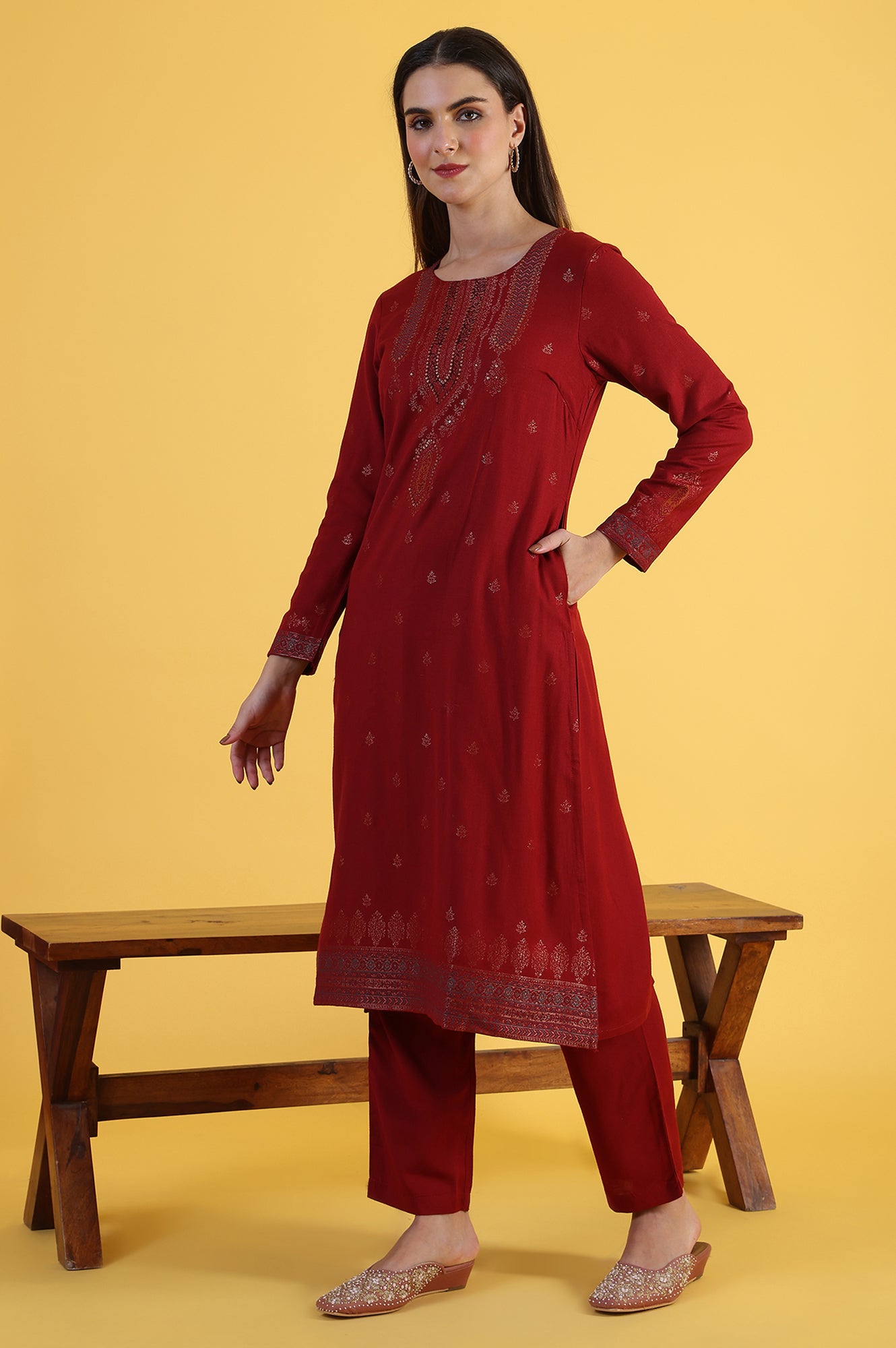Red Yarn Dyed Sequins A-Line Kurta & Straight pant with Dupatta Set