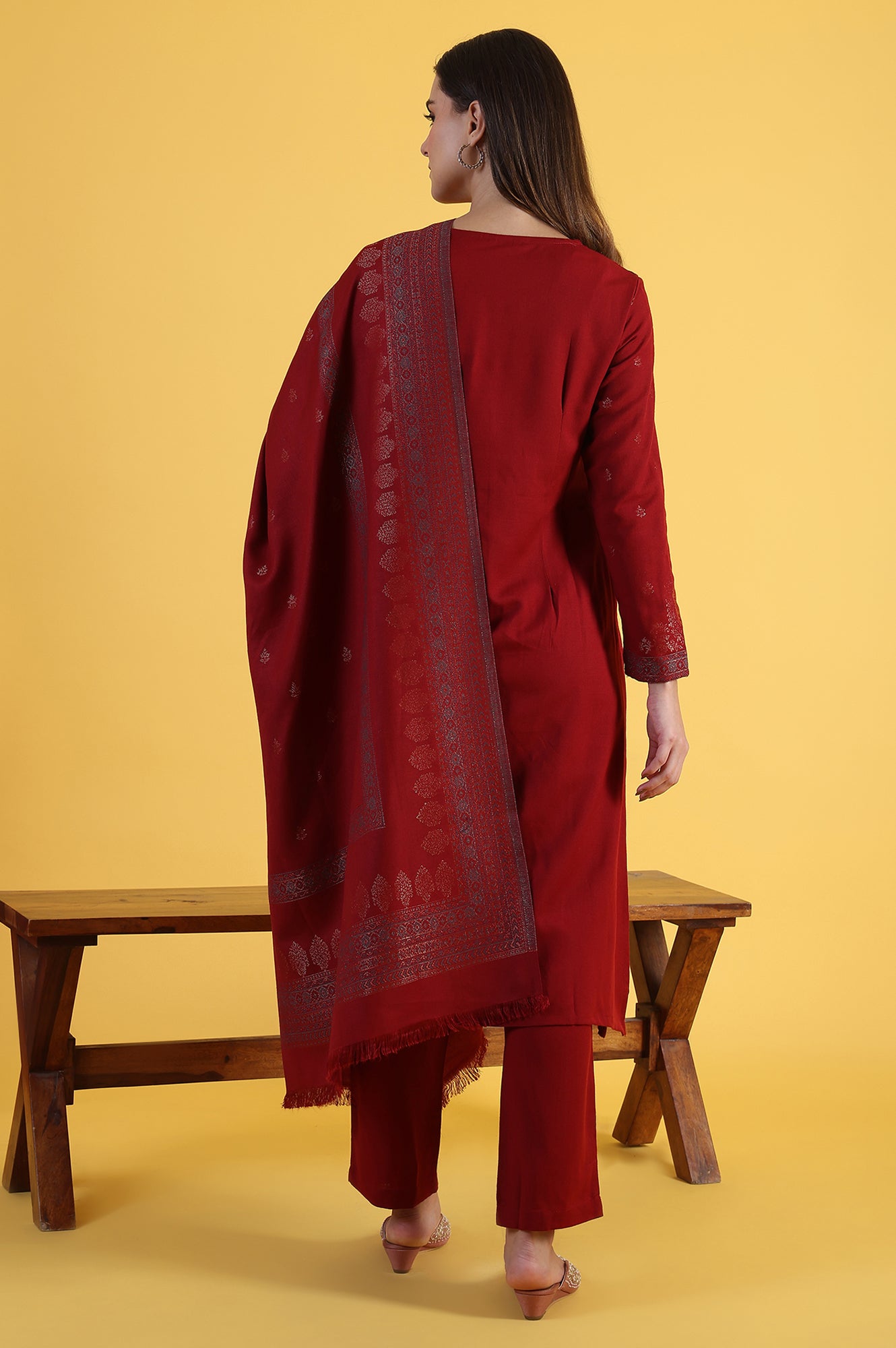 Red Yarn Dyed Sequins A-Line Kurta & Straight pant with Dupatta Set