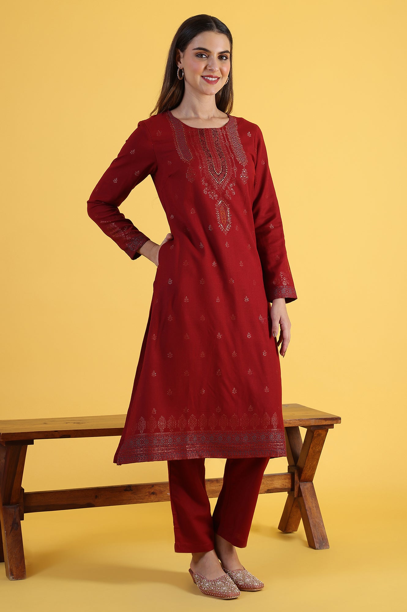Red Yarn Dyed Sequins A-Line Kurta & Straight pant with Dupatta Set