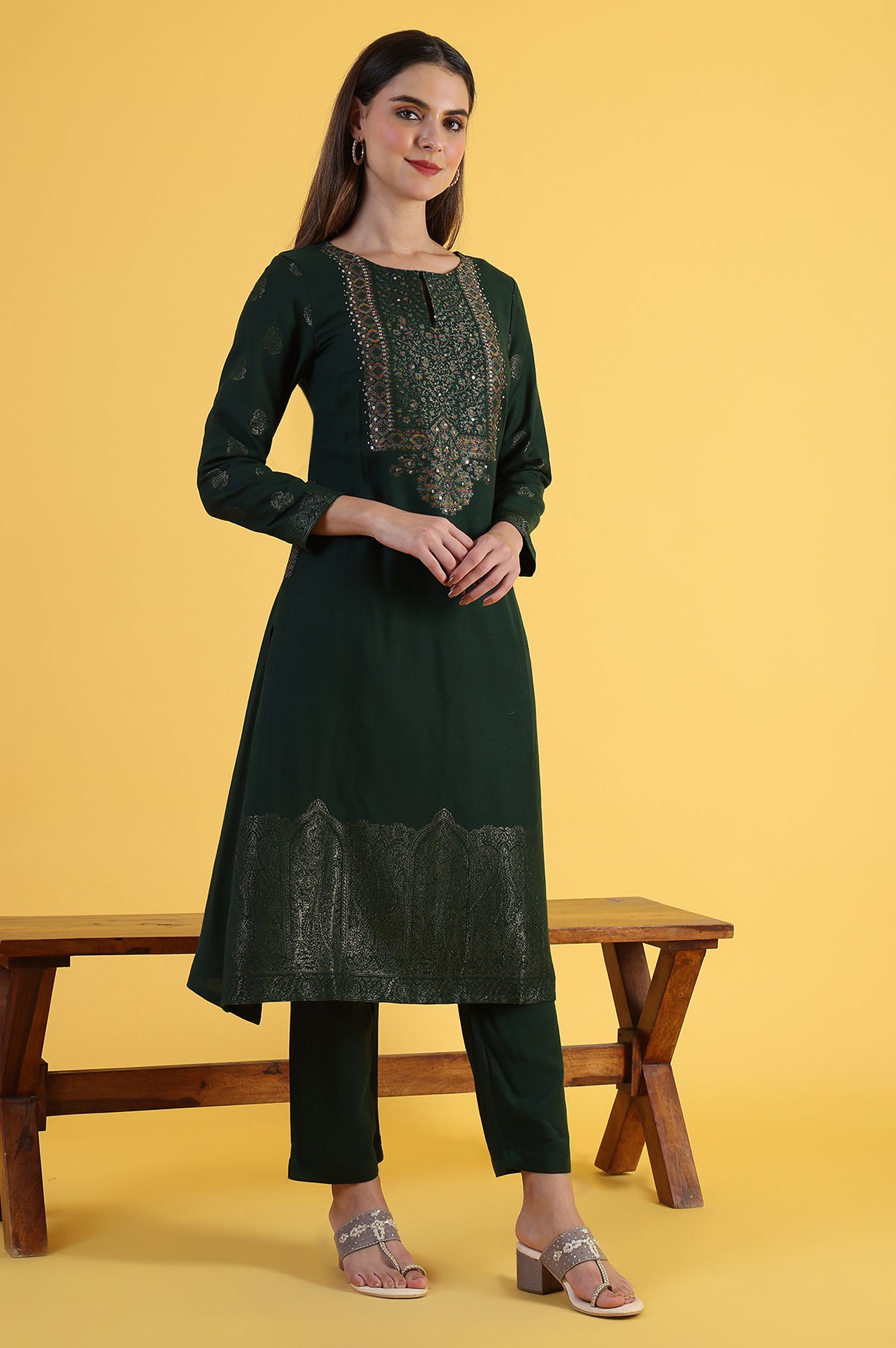 Green Yarn Dyed Sequins A-Line Kurta & Straight pant with Dupatta Set