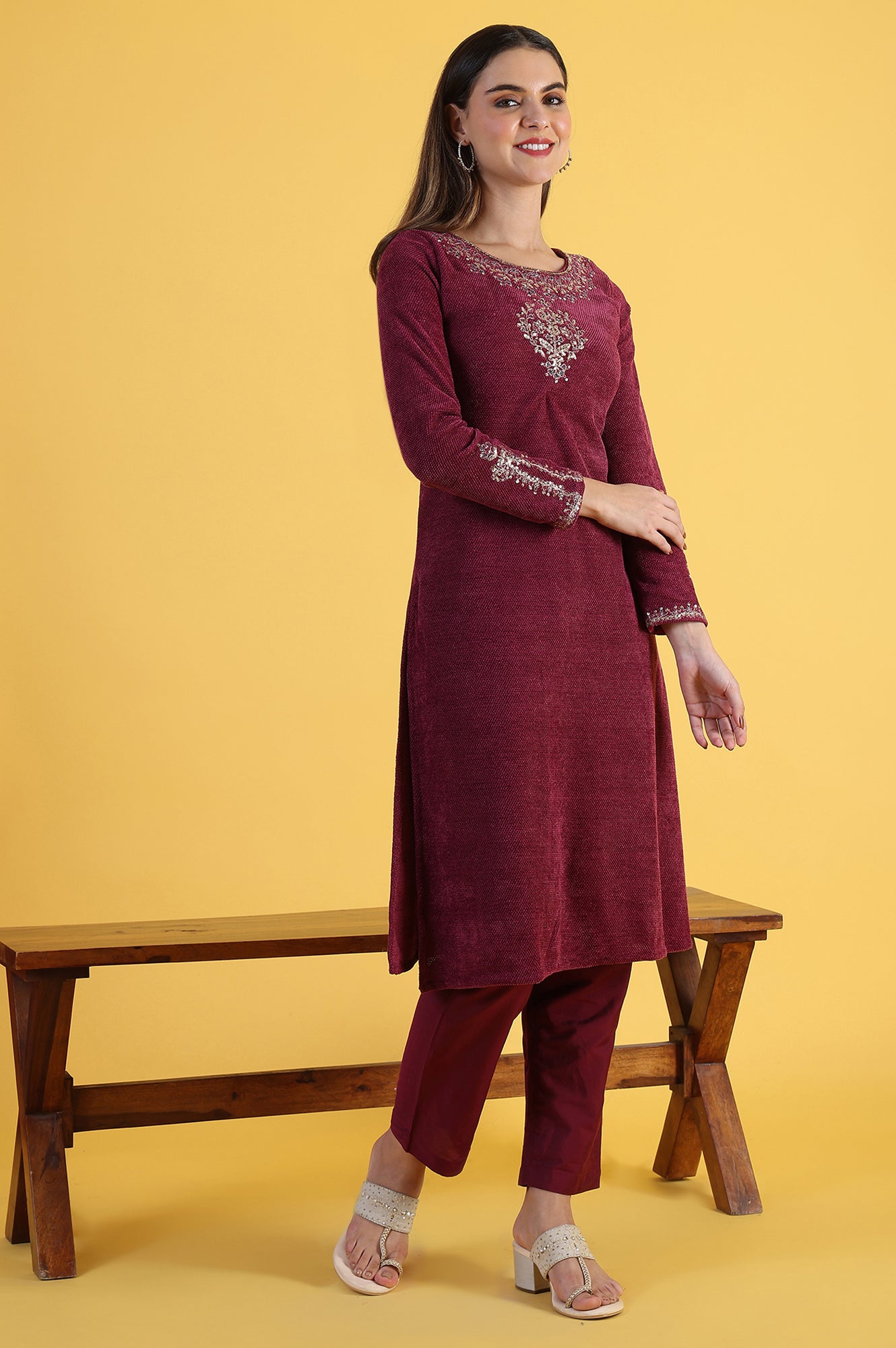 Maroon Solid Metallic Embroidery Straight Kurta & Straight pant with Dupatta Set